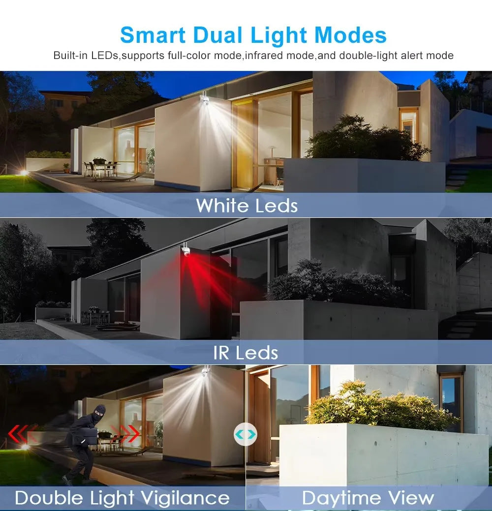 Câmara de vigilância de segurança sem fios IP Wi-Fi de 8 MP PTZ Câmaras com zoom de 4X Rastreio Áudio bidirecional Câmara a cores noturna HD