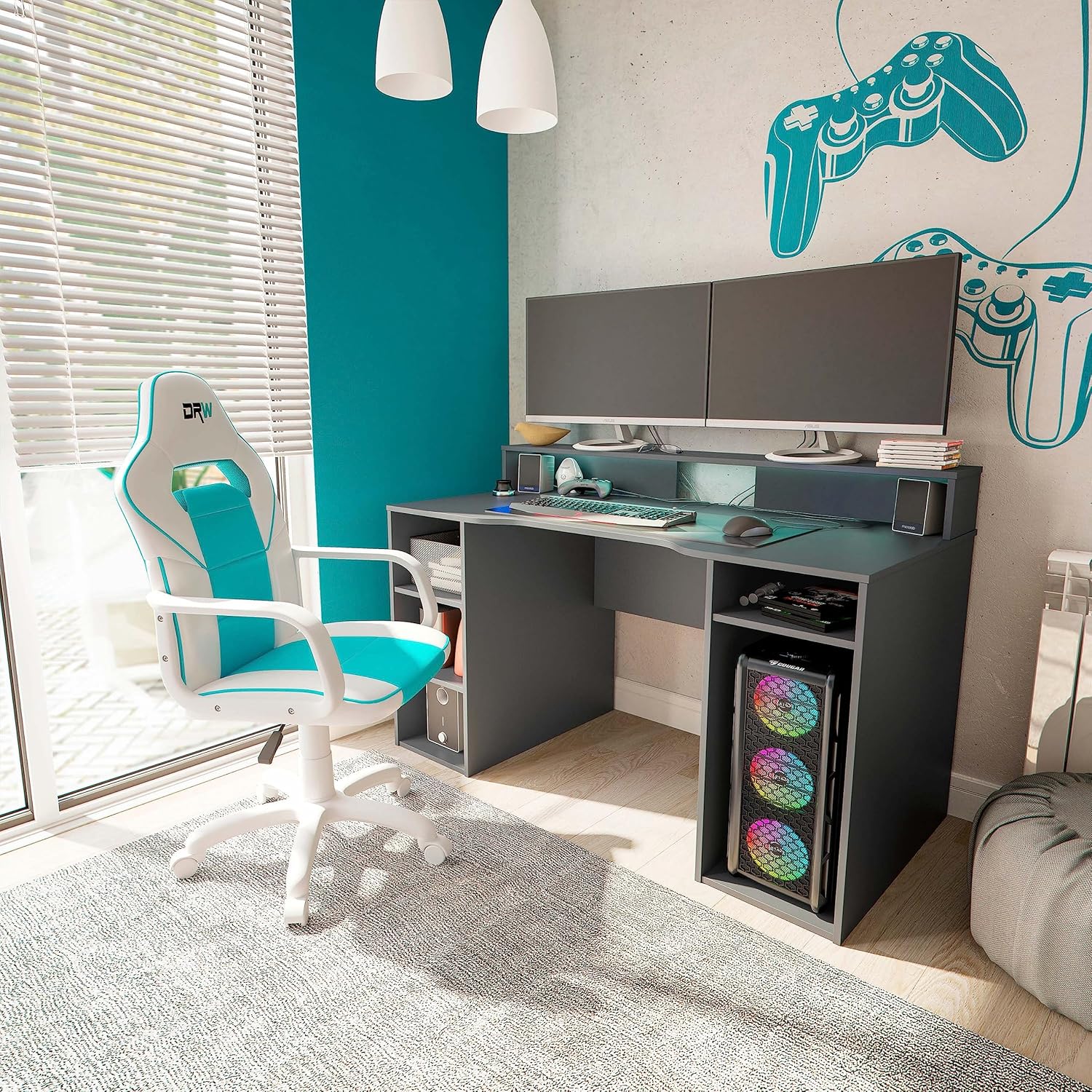 duehome | DRW, cadeira Gamer, cadeira de escritório, estúdio ou secretária, acabamento em silício pele branca e turquesa, medidas: 46,5 cm (largura) x 46 cm (comprimento) x 98-109,5 cm (altura)