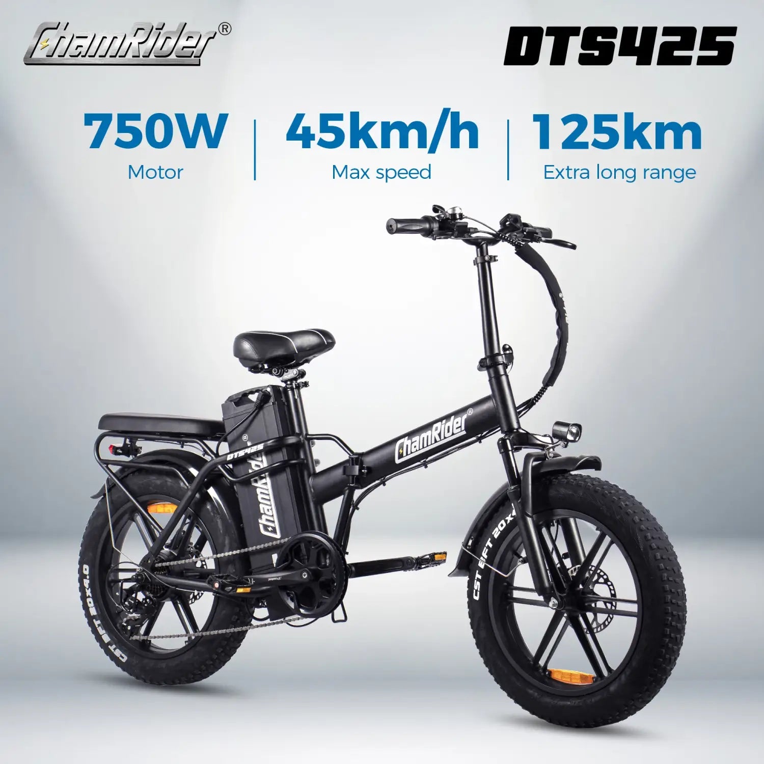 Bicicleta elétrica ChamRider DTS425 com bateria de 48 V e 25 AH, autonomia de 125 km e potência de 750 W, a melhor escolha em termos de relação qualidade-preço para os estafetas europeus.