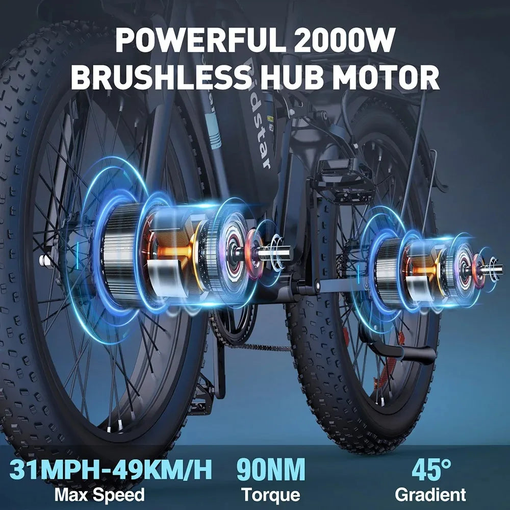Bicicleta elétrica dobrável Ridstar H20 Pro 2000W, 48V23AH, pneu largo de 20" e motor duplo, para todo o terreno, BTT, com certificação CE, para montanha/neve