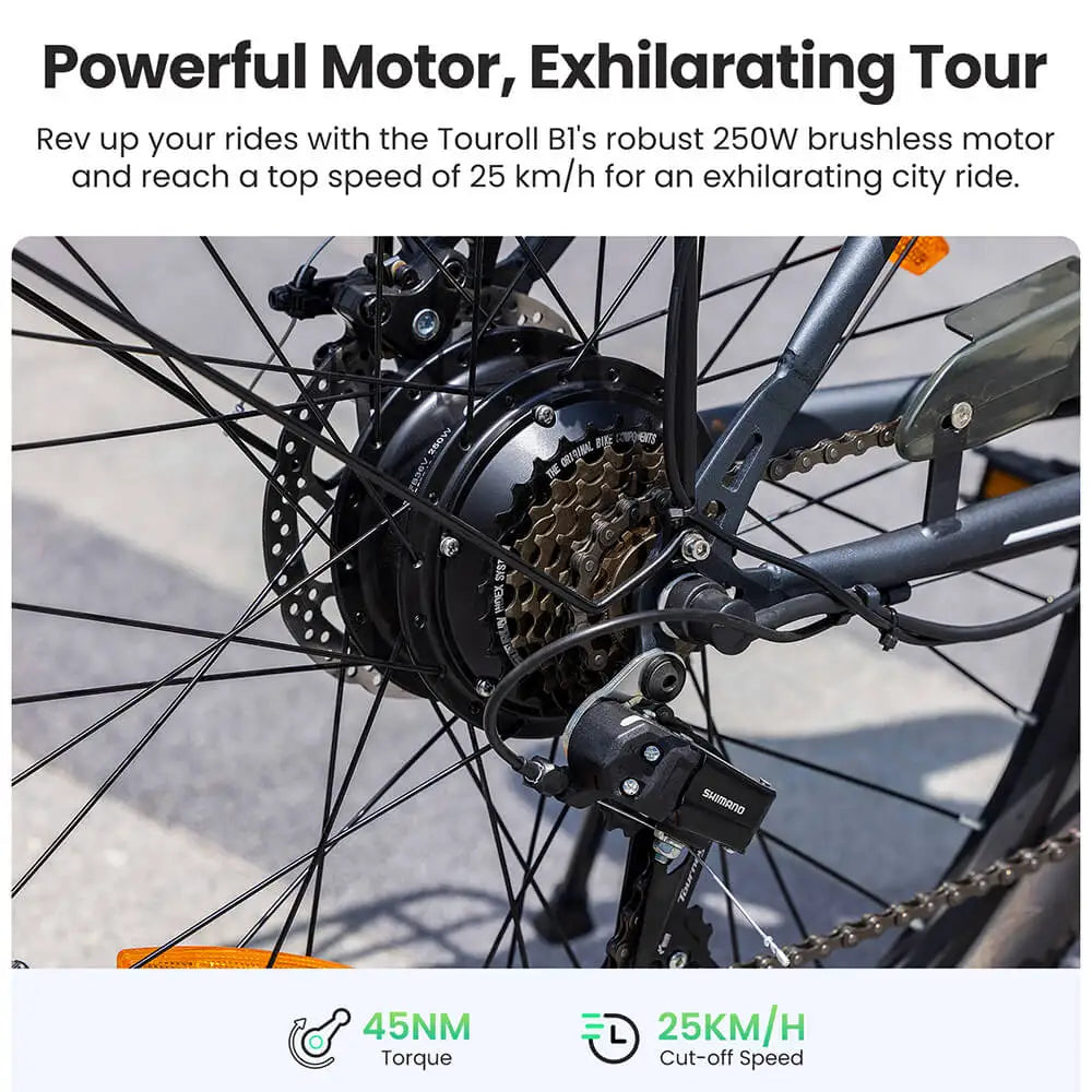 Bicicleta elétrica Touroll 250W, 25 km/h, binário de 45 Nm, 36 V, 15,6 Ah, autonomia de 90 km, Shimano Gear de 7 velocidades, bicicletas elétricas