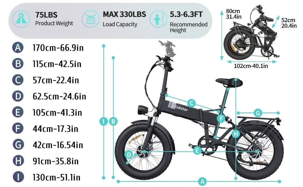 Bicicleta elétrica dobrável Ridstar H20 Pro 2000W, 48V23AH, pneu largo de 20" e motor duplo, para todo o terreno, BTT, com certificação CE, para montanha/neve