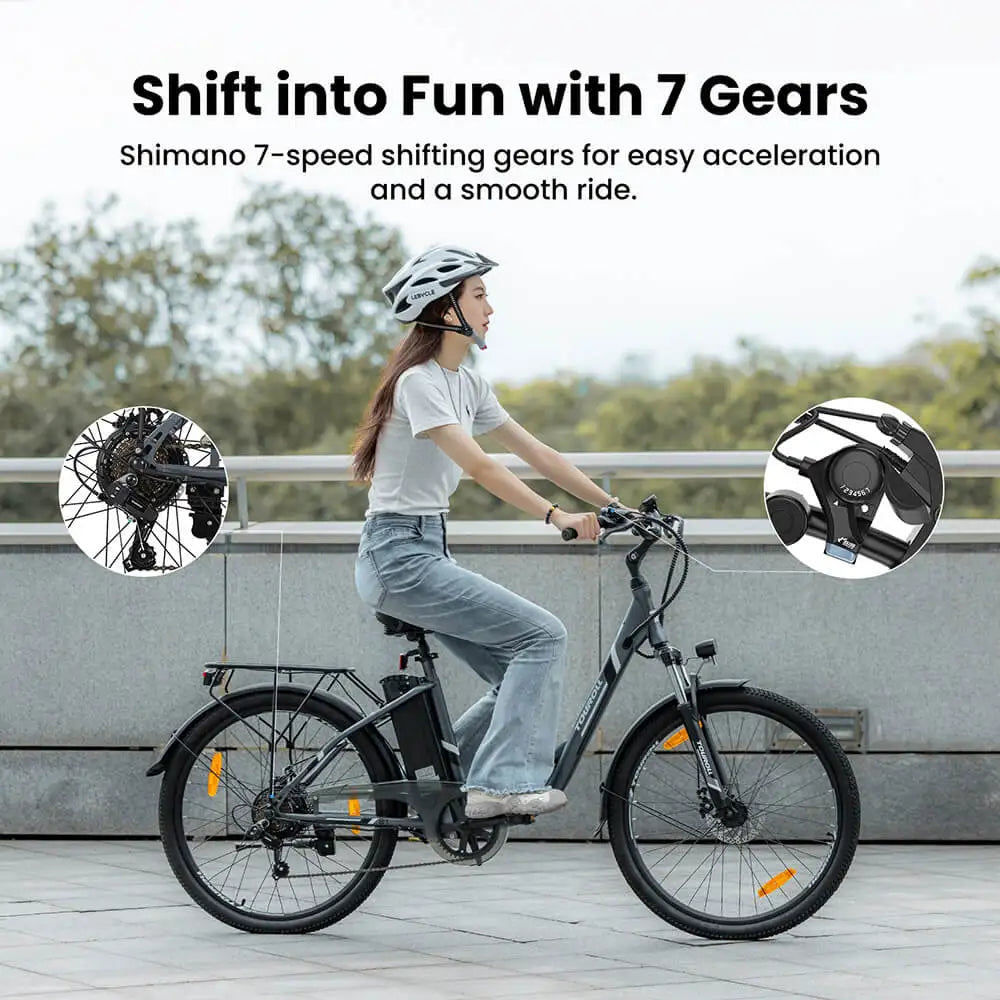 Bicicleta elétrica Touroll 250W, 25 km/h, binário de 45 Nm, 36 V, 15,6 Ah, autonomia de 90 km, Shimano Gear de 7 velocidades, bicicletas elétricas