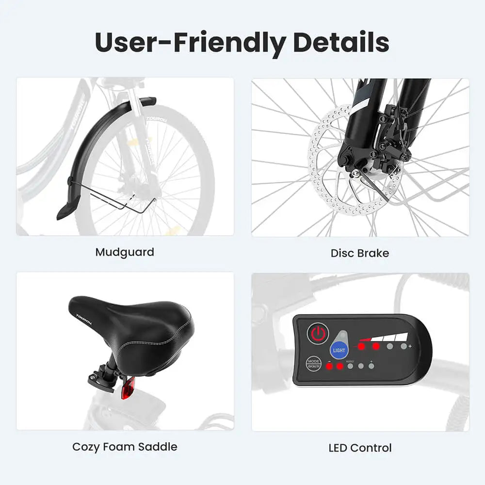 Bicicleta elétrica Touroll 250W, 25 km/h, binário de 45 Nm, 36 V, 15,6 Ah, autonomia de 90 km, Shimano Gear de 7 velocidades, bicicletas elétricas