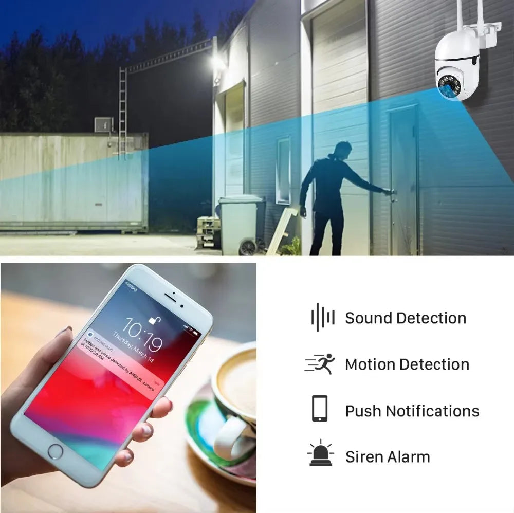 Câmara de vigilância de segurança sem fios IP Wi-Fi de 8 MP PTZ Câmaras com zoom de 4X Rastreio Áudio bidirecional Câmara a cores noturna HD