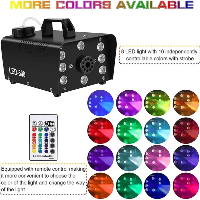 Máquina de fumo colorido de discoteca com 8/18 LEDs, 500 W RGB, ejetor de névoa de distância, DJ, Natal, festa de casamento, palco, efeitos de luz, máquina de espuma