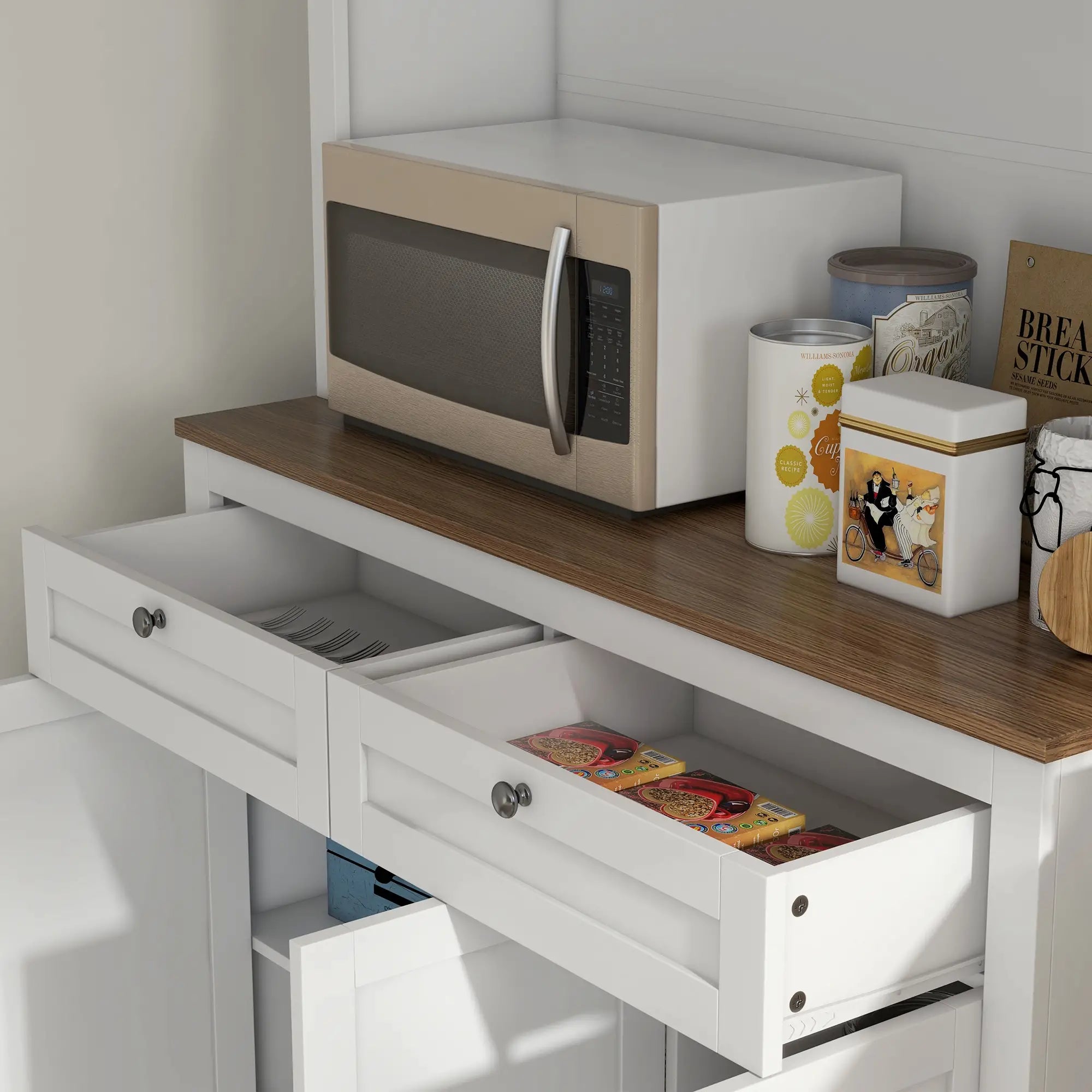 Armário de Cozinha com 3 Portas de Vidro Compartimento Aberto 2 Gavetas e Prateleiras Ajustáveis 100x40x180 cm Branco