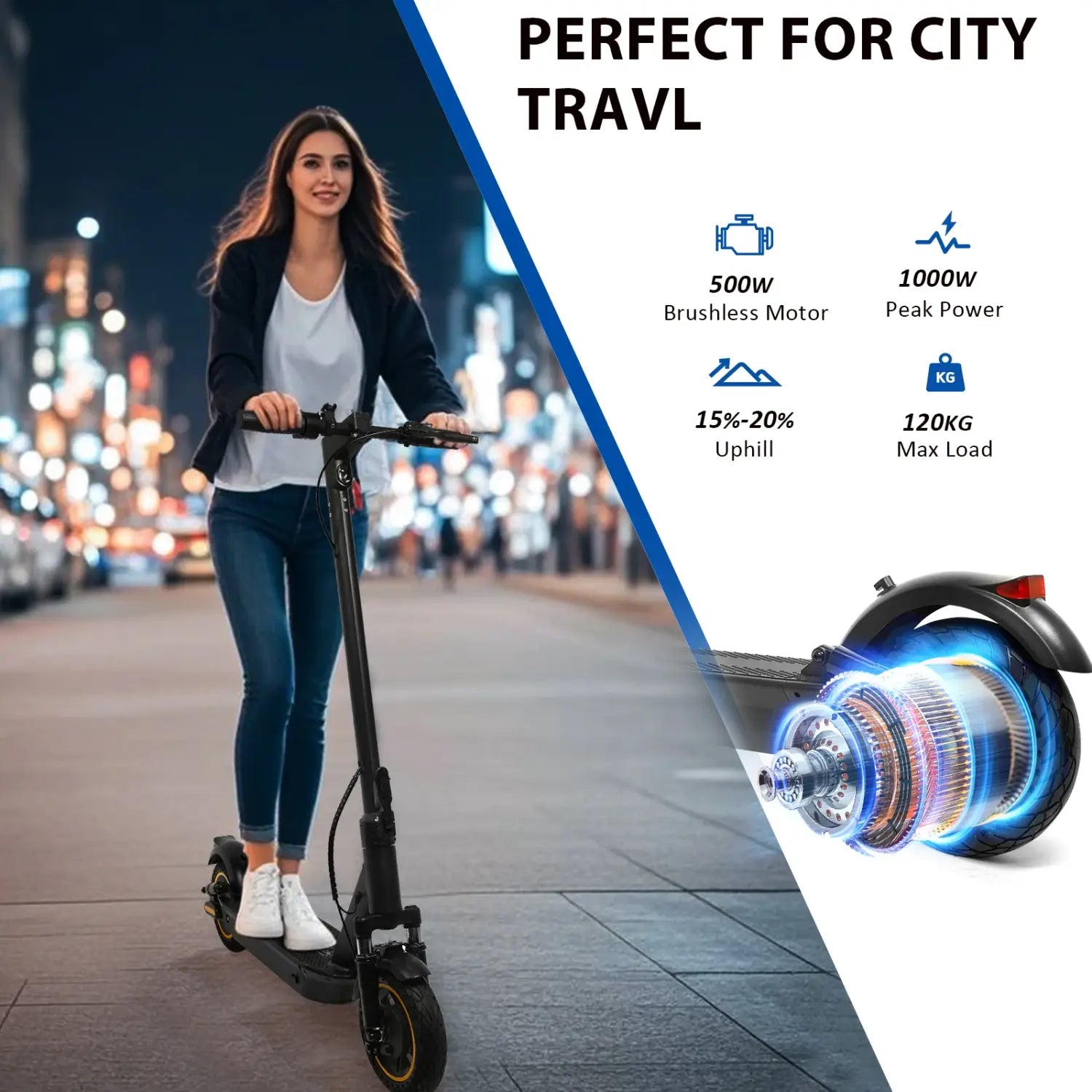 Scooter elétrica AOVOPRO Smart APP com motor potente de 350 W/500 W, alcance de 36 V/42 V, alcance de 25 a 45 km, para adultos, com duplo travão
