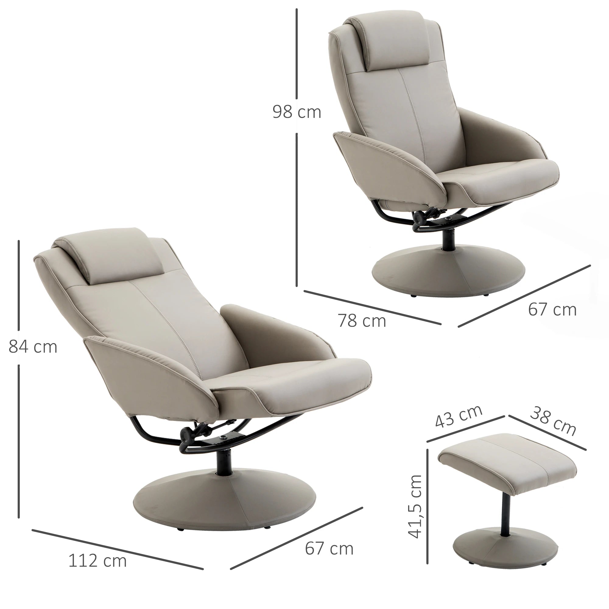 Poltrona Relax Reclinável até 145° com Banco de Apoio para os Pés Poltrona Giratória 360° Estofada em PU e Estrutura de Aço 78x67x98cm Cinza