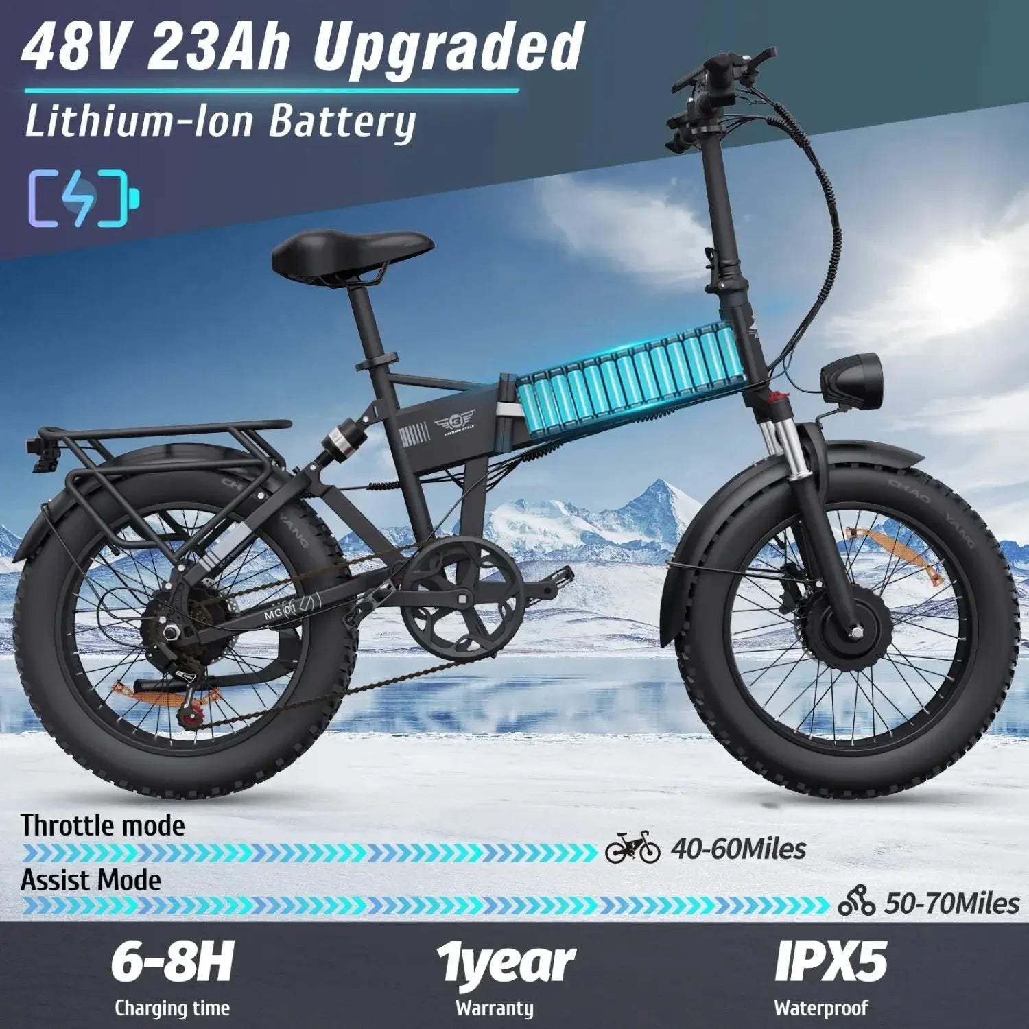 Bicicleta elétrica dobrável Ridstar H20 Pro 2000W, 48V23AH, pneu largo de 20" e motor duplo, para todo o terreno, BTT, com certificação CE, para montanha/neve