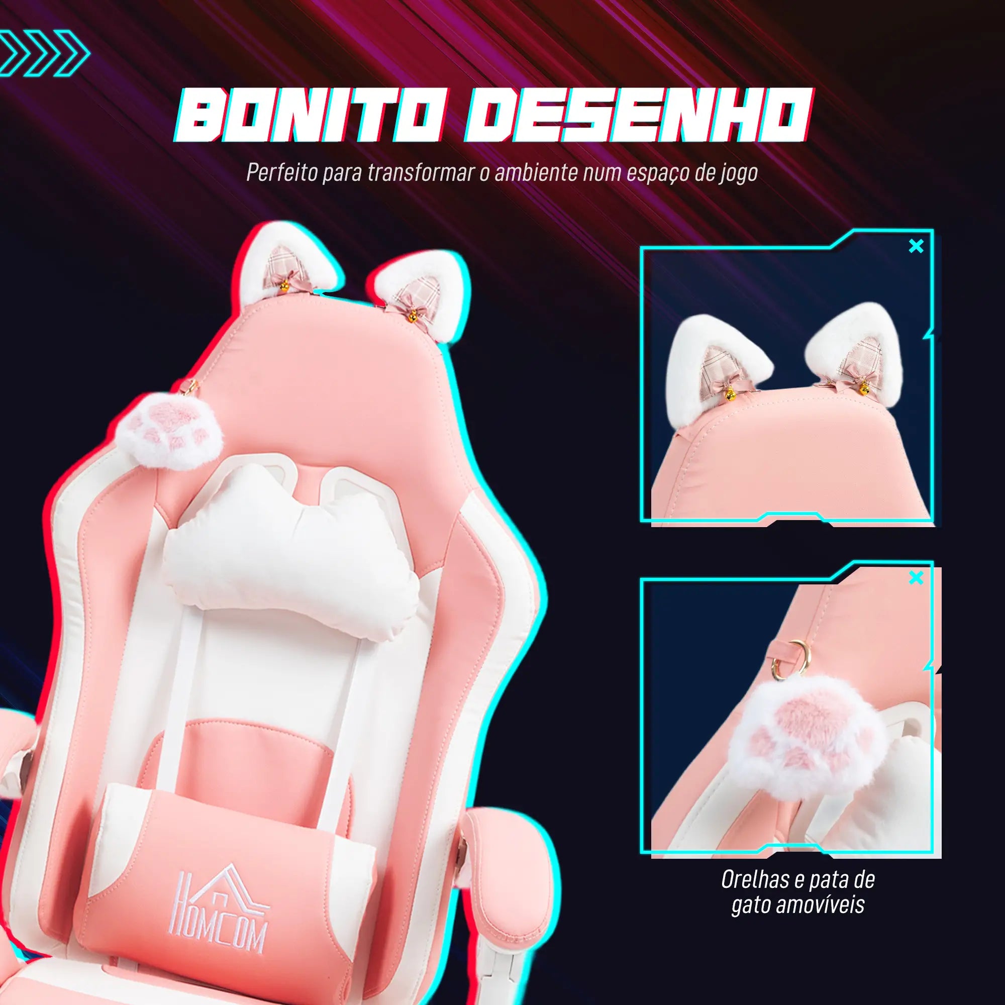 Cadeira Gaming com Orelhas Cadeira Gamer Reclinável com Altura Ajustável e Suporte Lombar 65x62x116-124 cm Rosa e Branco