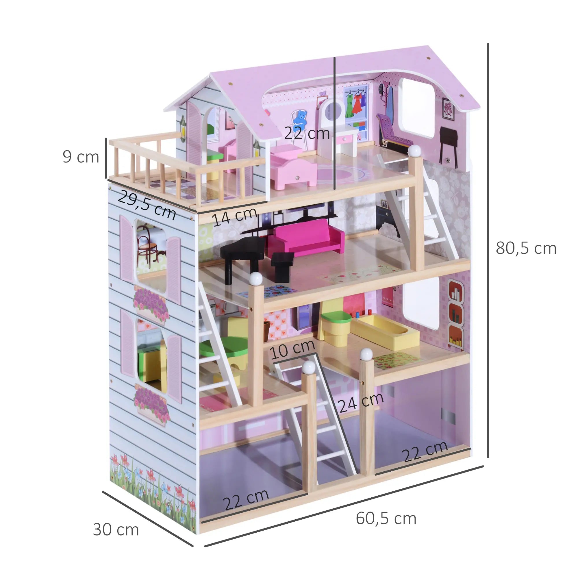 Casa de Bonecas com Móveis 4 Andares e 13 Acessórios Rosa