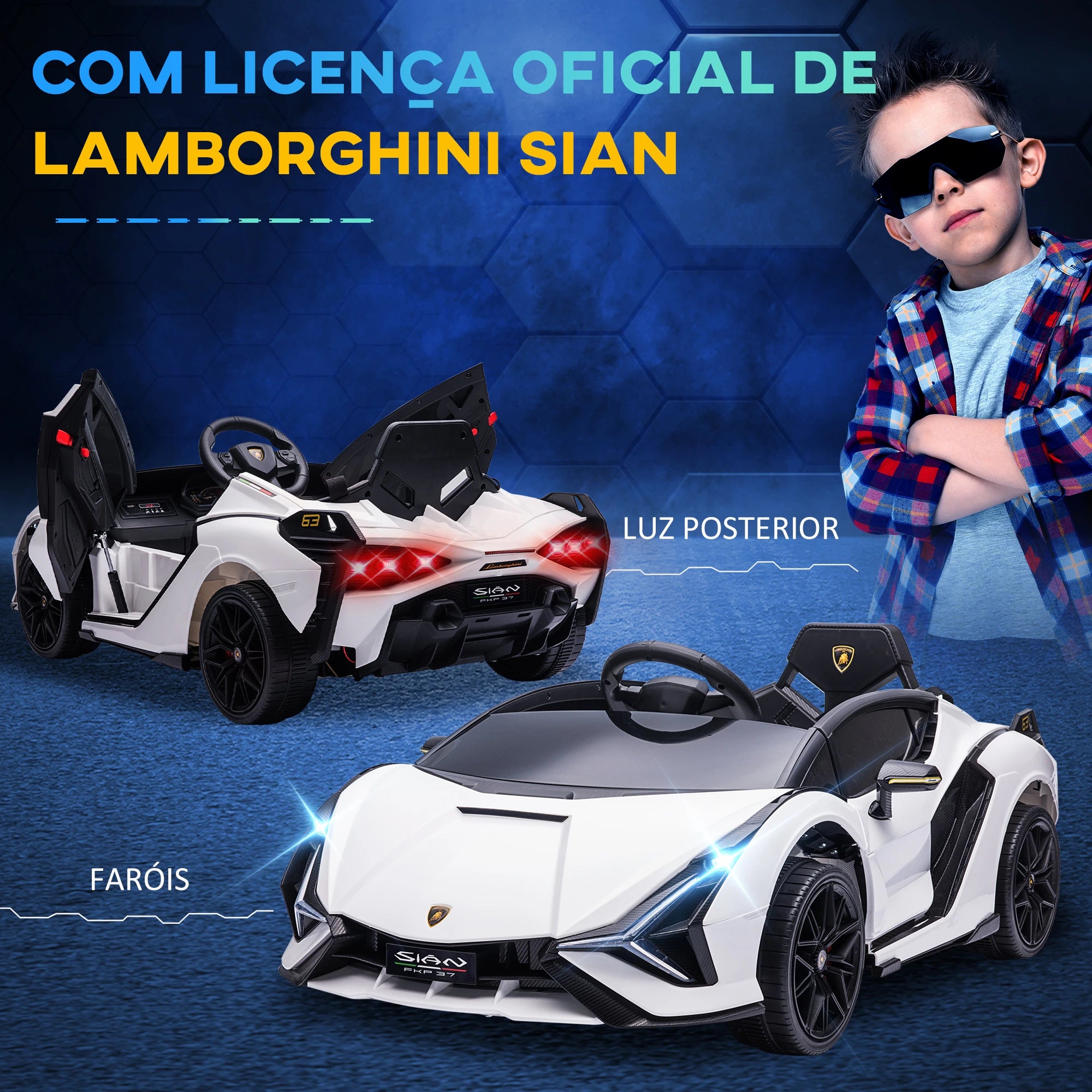 Carro Elétrico Lamborghini SIAN 12V com Controle Remoto Abertura da Porta Música MP3 USB e Faróis 108x62x40 cm Branco