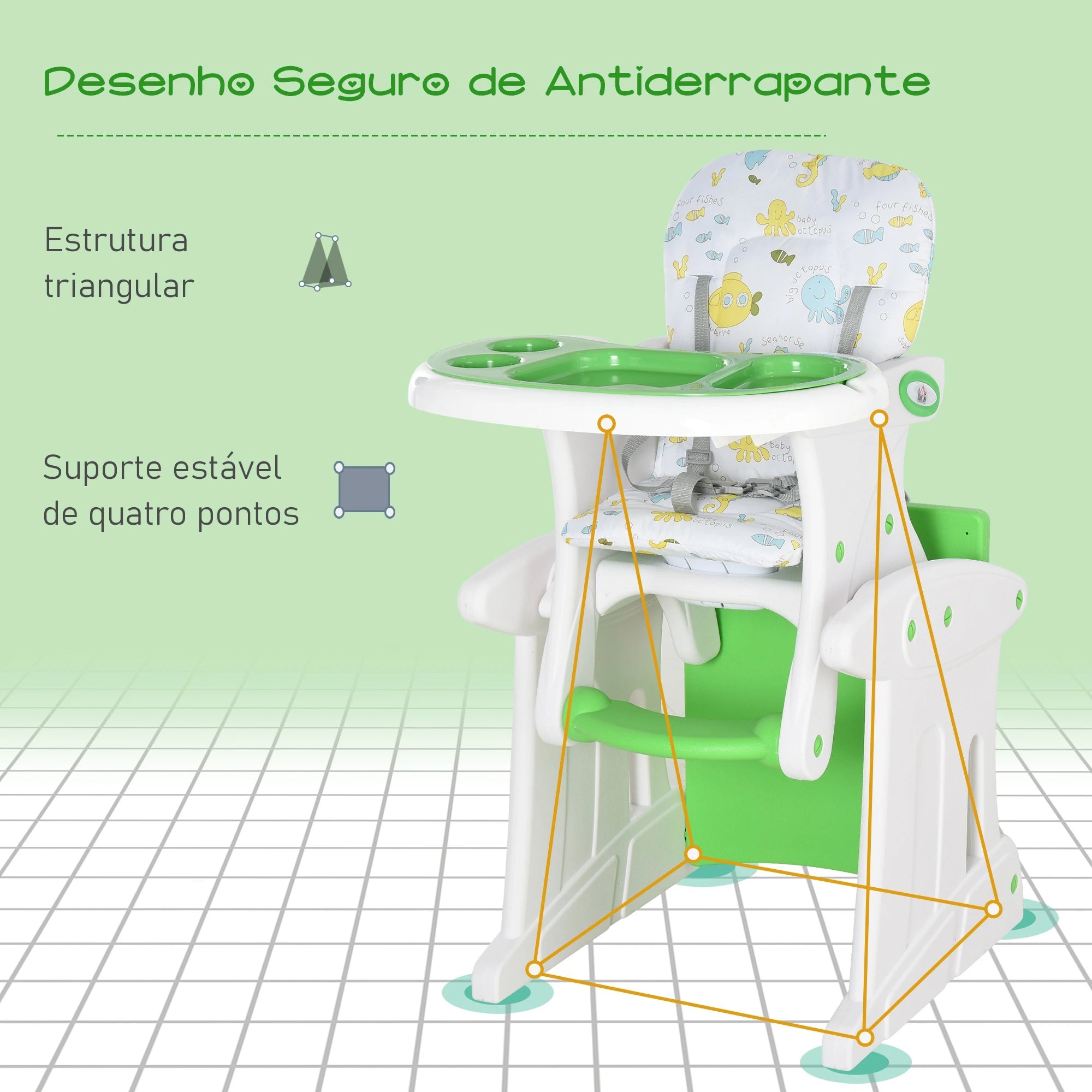 Cadeira para bebês 3 em 1 ajustável verde com mesa integrada