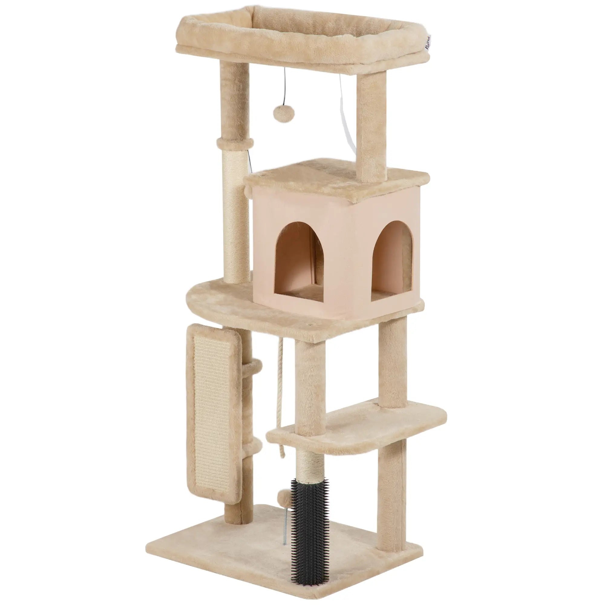 Arranhador para Gatos Grande Altura 132 cm com Plataformas Postes com Escova Bolas Suspensas e Almofadas para Arranhar Bege