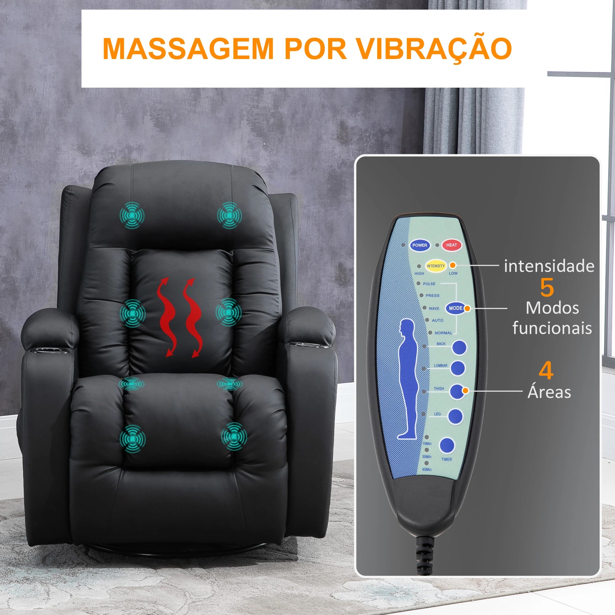 Poltrona de Massagem Reclinável até 150° com 8 Pontos de Massagem por Vibração Função de Aquecimento 85x94x104 cm Preto