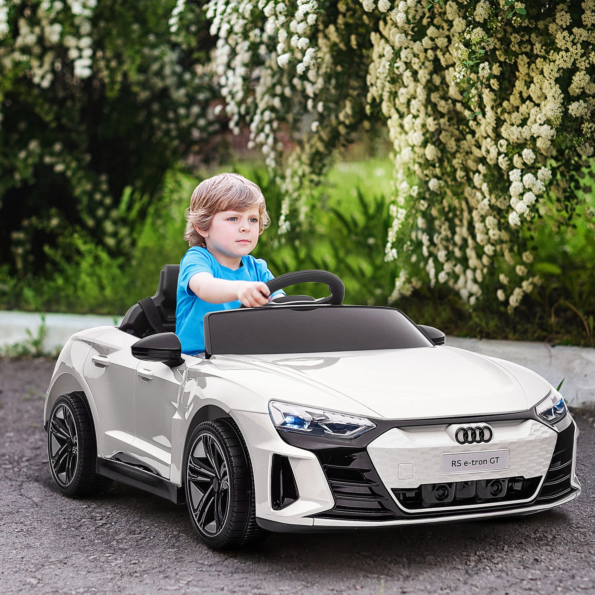 Carro Elétrico AUDI RS E-Tron GT 12V com 2 Motores Controlo Remoto Faróis LED Buzina Música USB 3-5km/h 103x58x41cm Branco