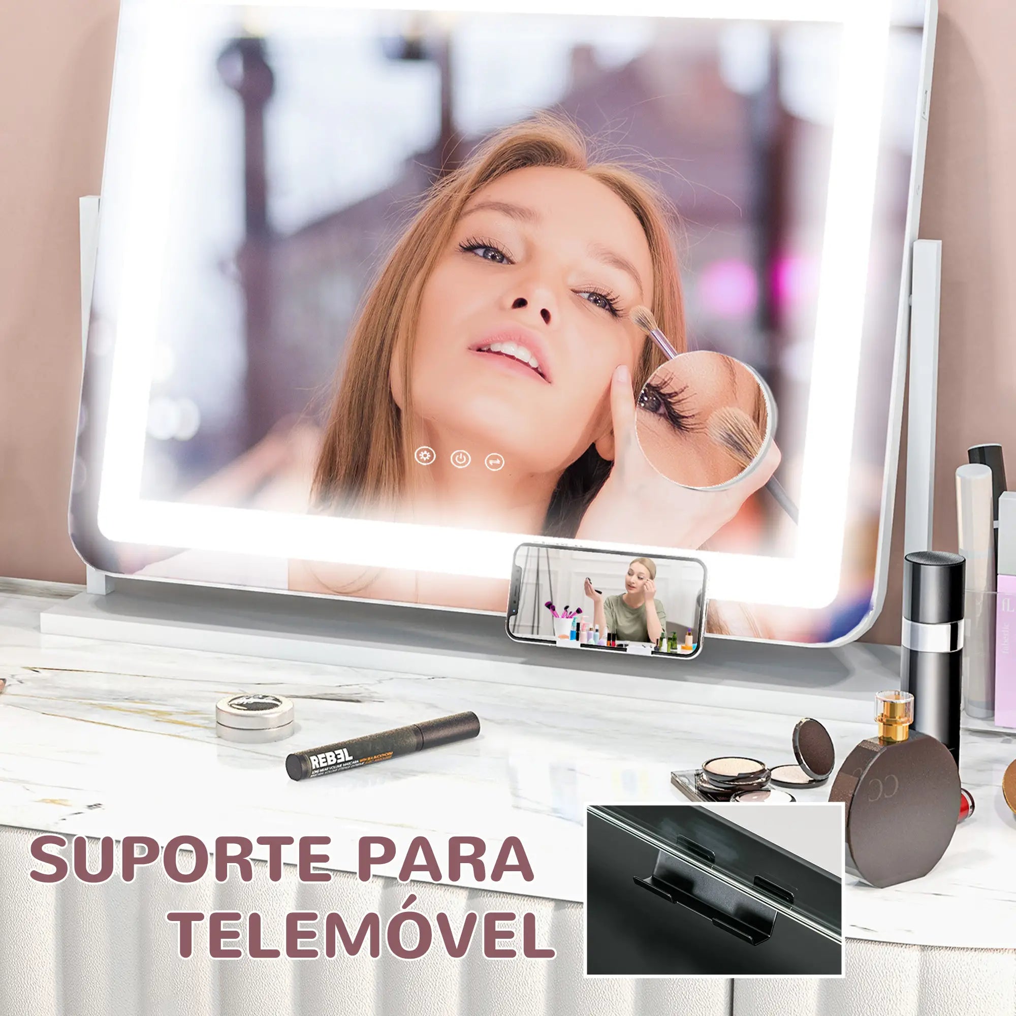 Makeup-speil med LED-lys og telefonholder hvit