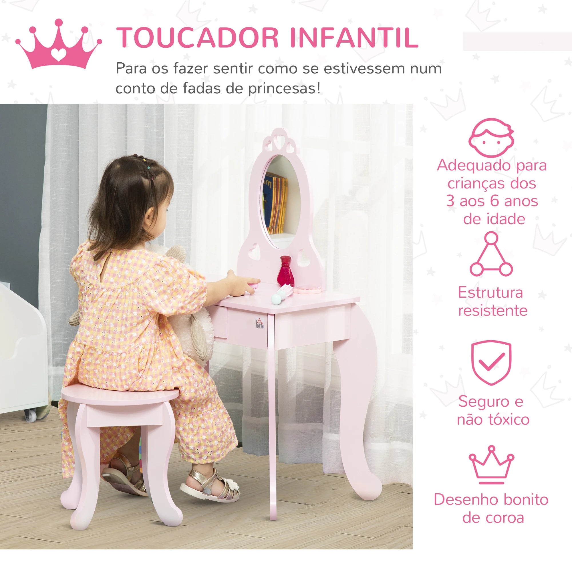 Toucador Infantil com Banco e Espelho Estilo Princesa Mesa de Maquilhagem Infantil com Gaveta 60x36x88cm Rosa