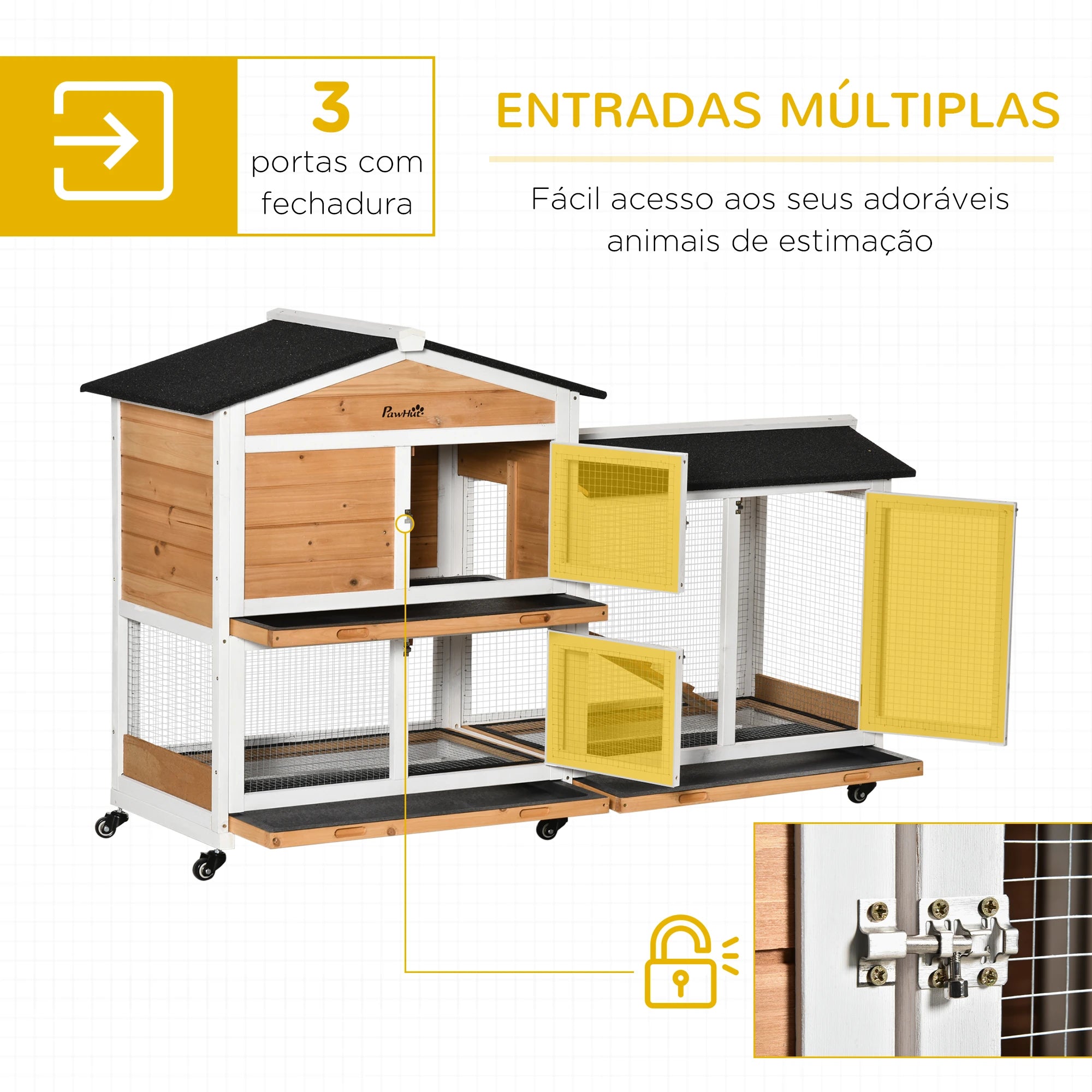 Coelheira de Madeira Grande para Coelhos com Rampa e Tabuleiro Removível
