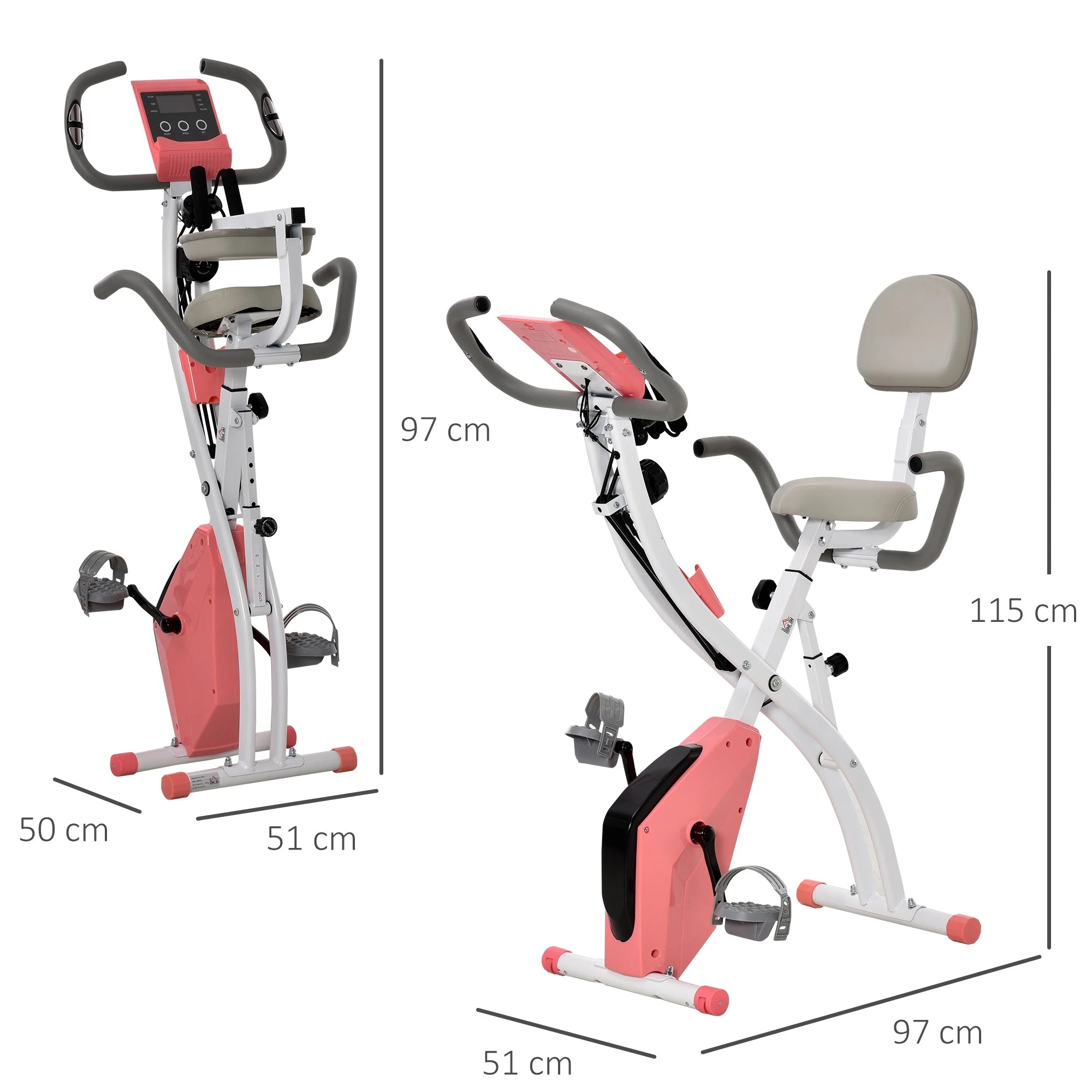 Bicicleta Estática Dobrável com Encosto e Faixa Elástica Rosa