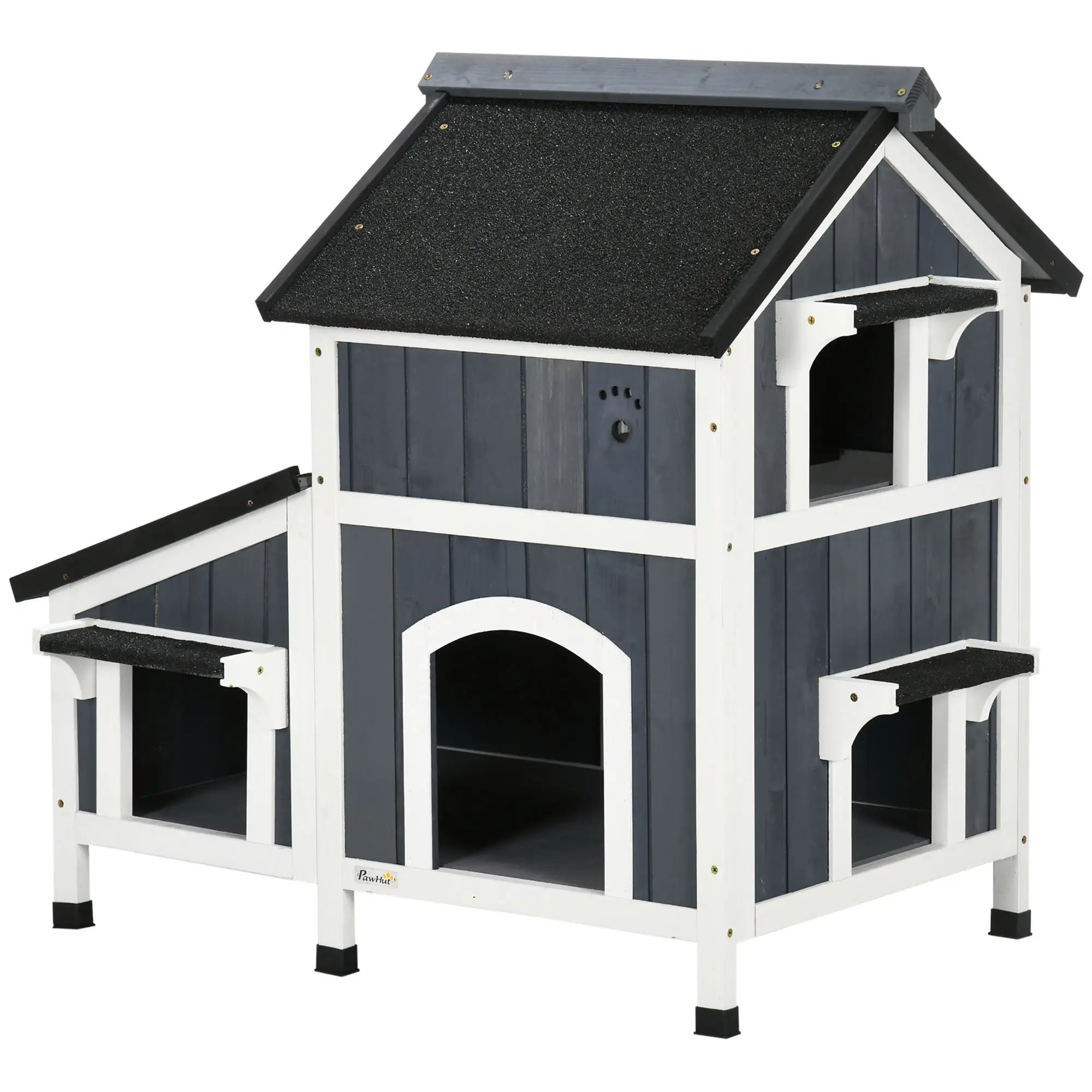 Casa para Gatos de Madeira com Suporte para Flores de 2 Níveis e Teto Asfáltico 96x65x85,5 cm Cinza