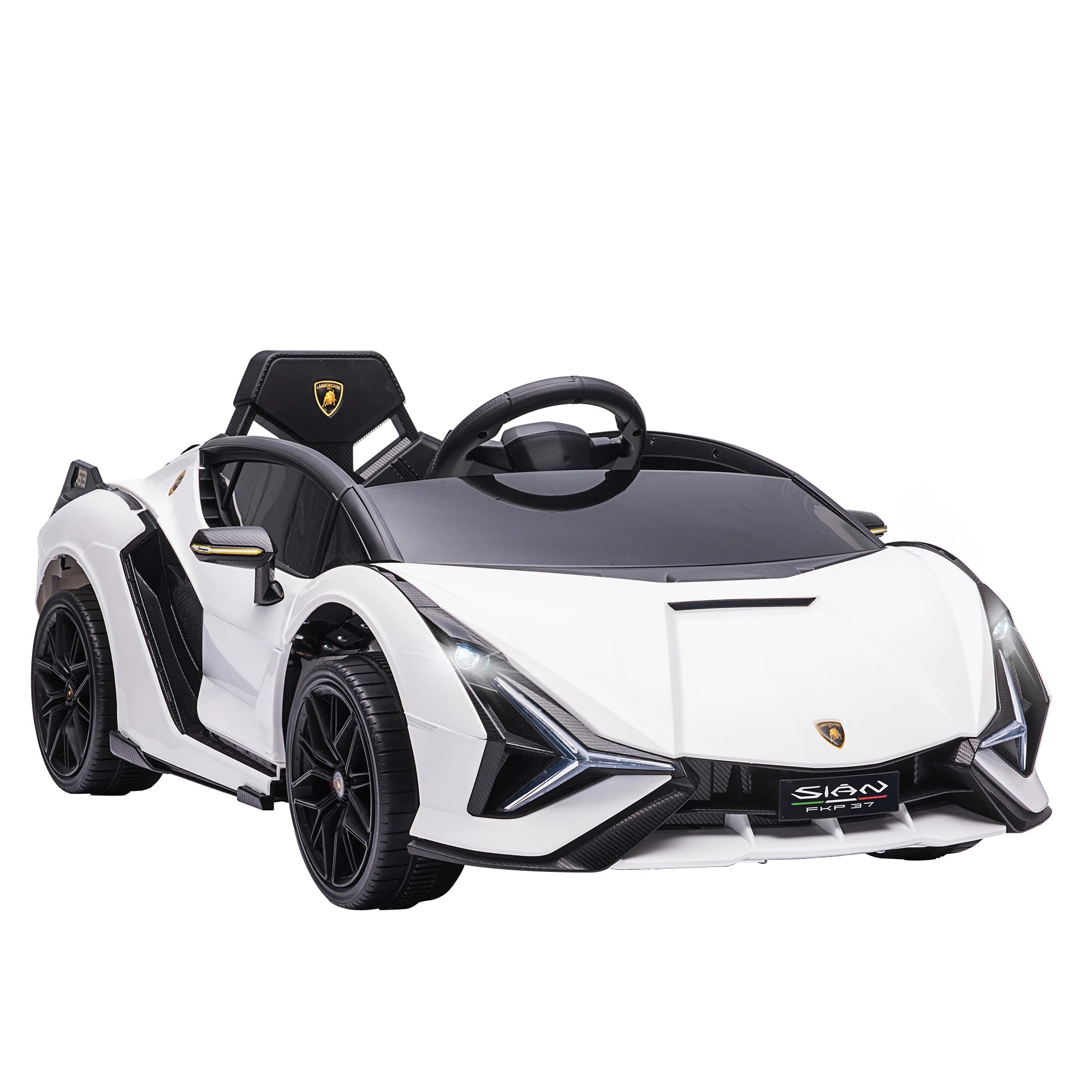 Carro Elétrico Lamborghini SIAN 12V com Controle Remoto Abertura da Porta Música MP3 USB e Faróis 108x62x40 cm Branco