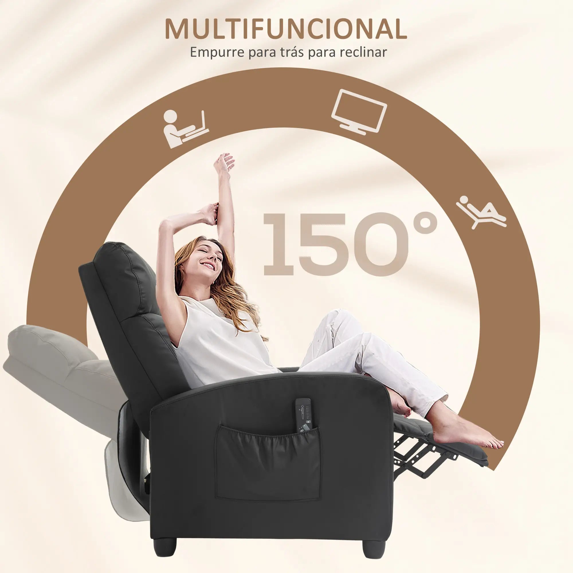 Poltrona de Massagem Reclinável com 2 Zonas de Massagem 8 Programas e 5 Níveis de Intensidade 68x88x98 cm Preto