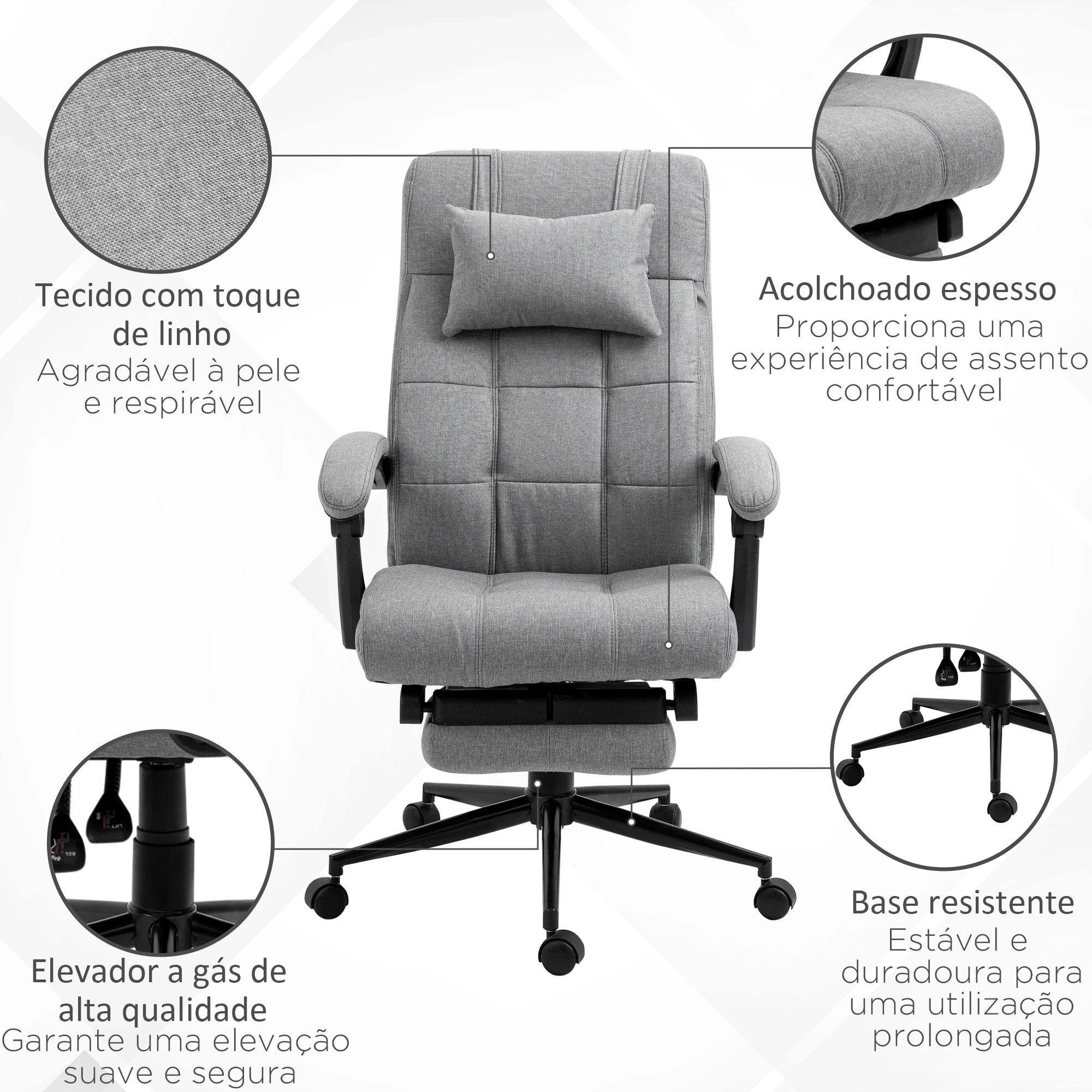 Cadeira de Escritório Reclinável Estofada em Tecido com Altura Ajustável e Apoio para os Pés 66x76x116-124 cm Cinza