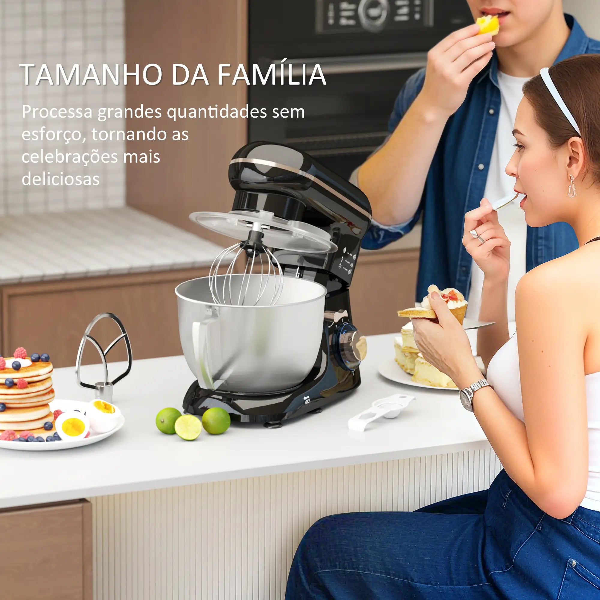 Batedeira 133W 4,5L com 6 Velocidades Tigela de Aço Inoxidável Ganchos e Proteção Tampa Anti-Respingos 35x22x29 cm Preto