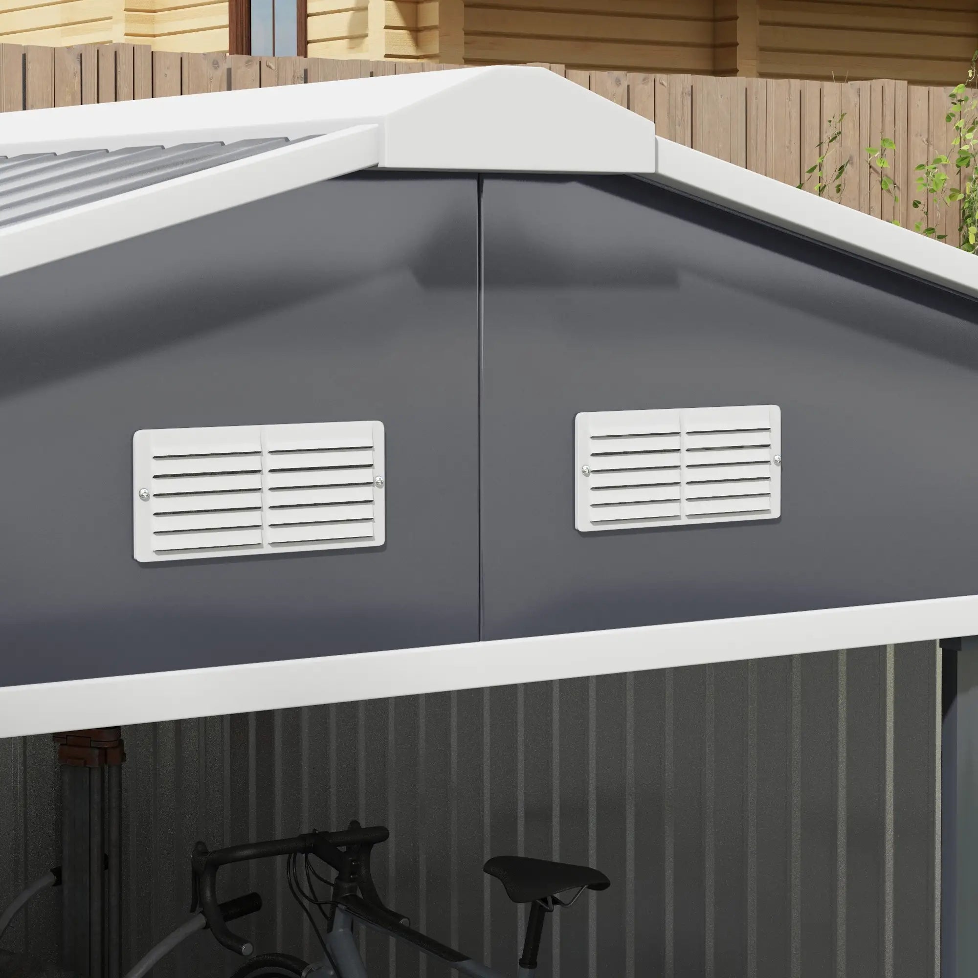 Abrigo de Jardim Metálico 340x386x200cm Abrigo de Exterior para Armazenamento de Ferramentas com Base Incluida 4 Janelas de Ventilação e Porta Corredeira Cinza