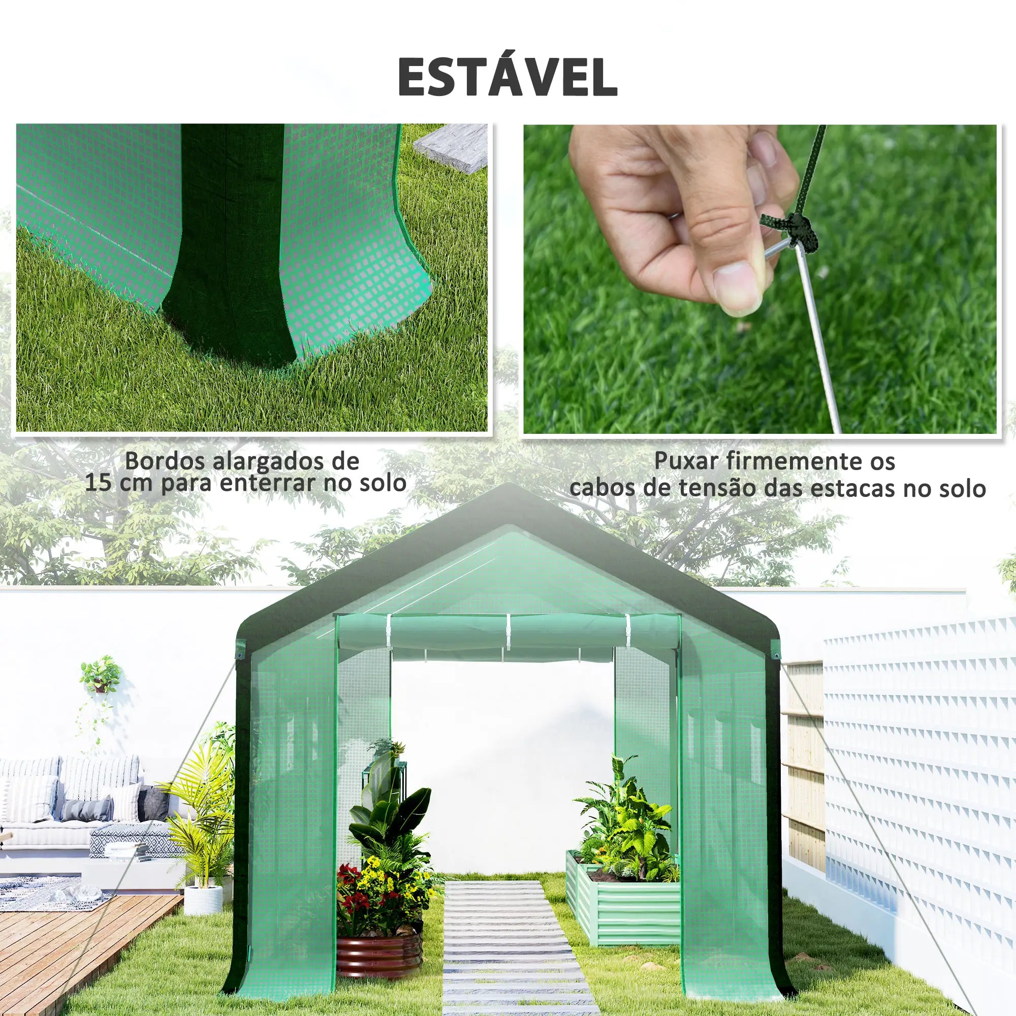 Estufa Tipo Túnel 6x3x2,8 m Estufa de Exterior com 6 Janelas Cobertura de PE Anti UV e 2 Portas Enroláveis Verde