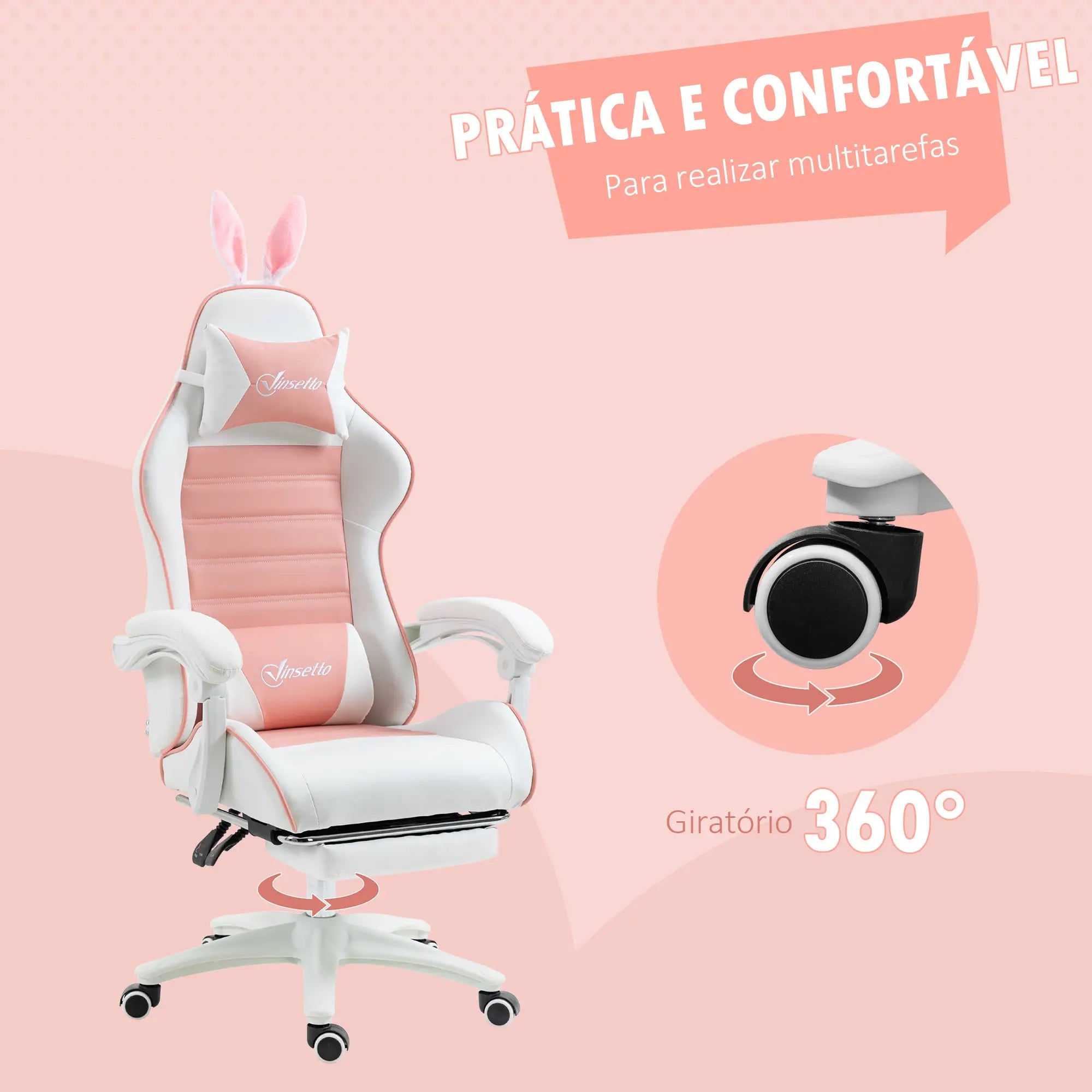 Cadeira Gaming Giratória de Couro PU com Altura Ajustável Inclinável 135° Apoio para a Cabeça 65x63x136-142 cm Rosa e Preto