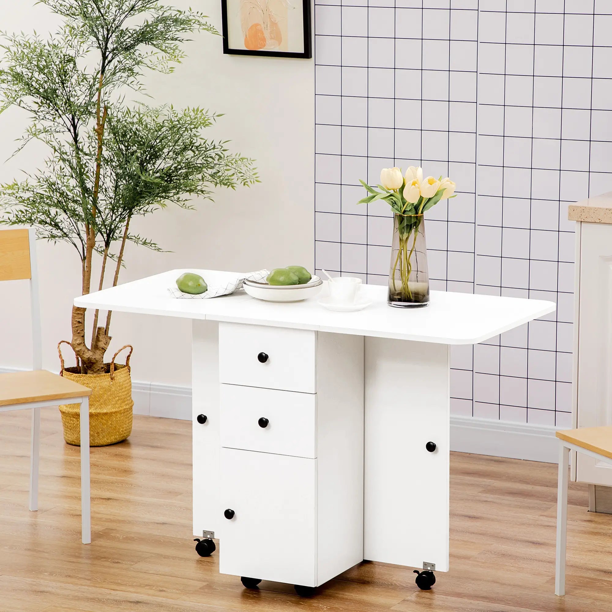 Bordplate med hjul og oppbevaring, hvit 120x60cm