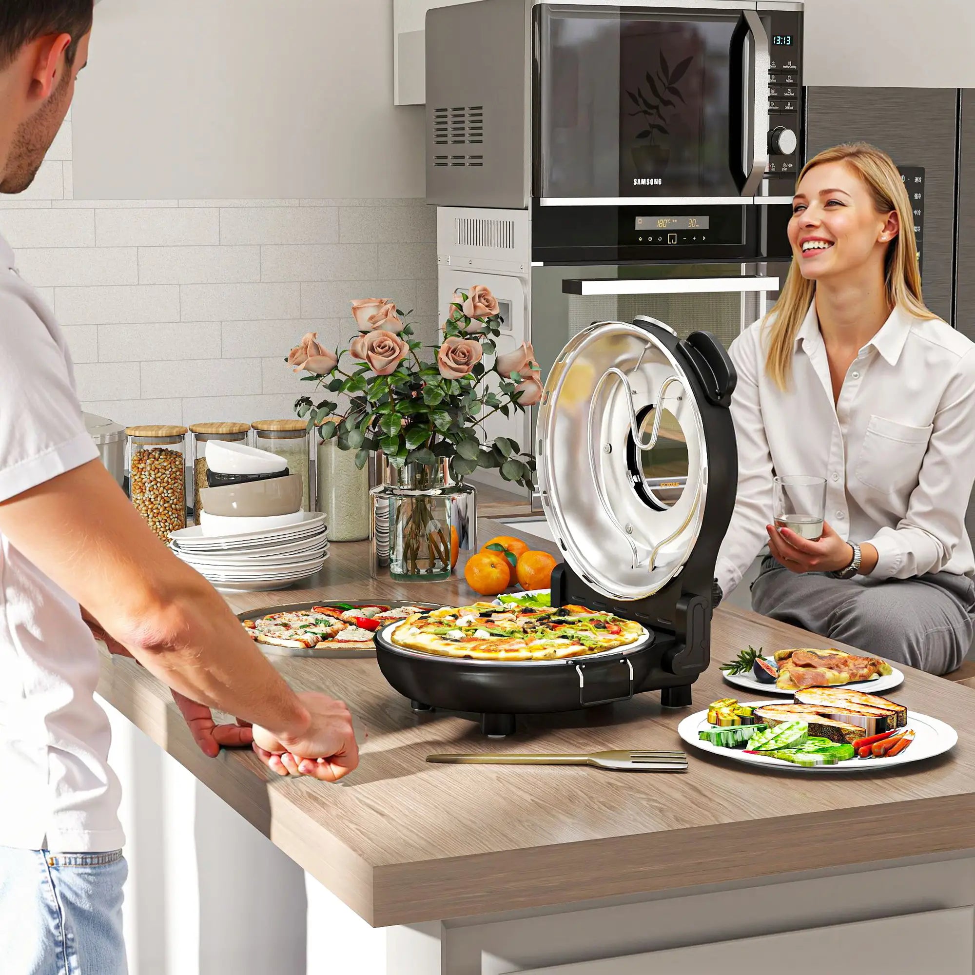 Forno para Pizza 1200W Forno Pizza Eléctrico com Temporizador 15 min Temperatura até 430℃ 34,5x35x16,5 cm Preto