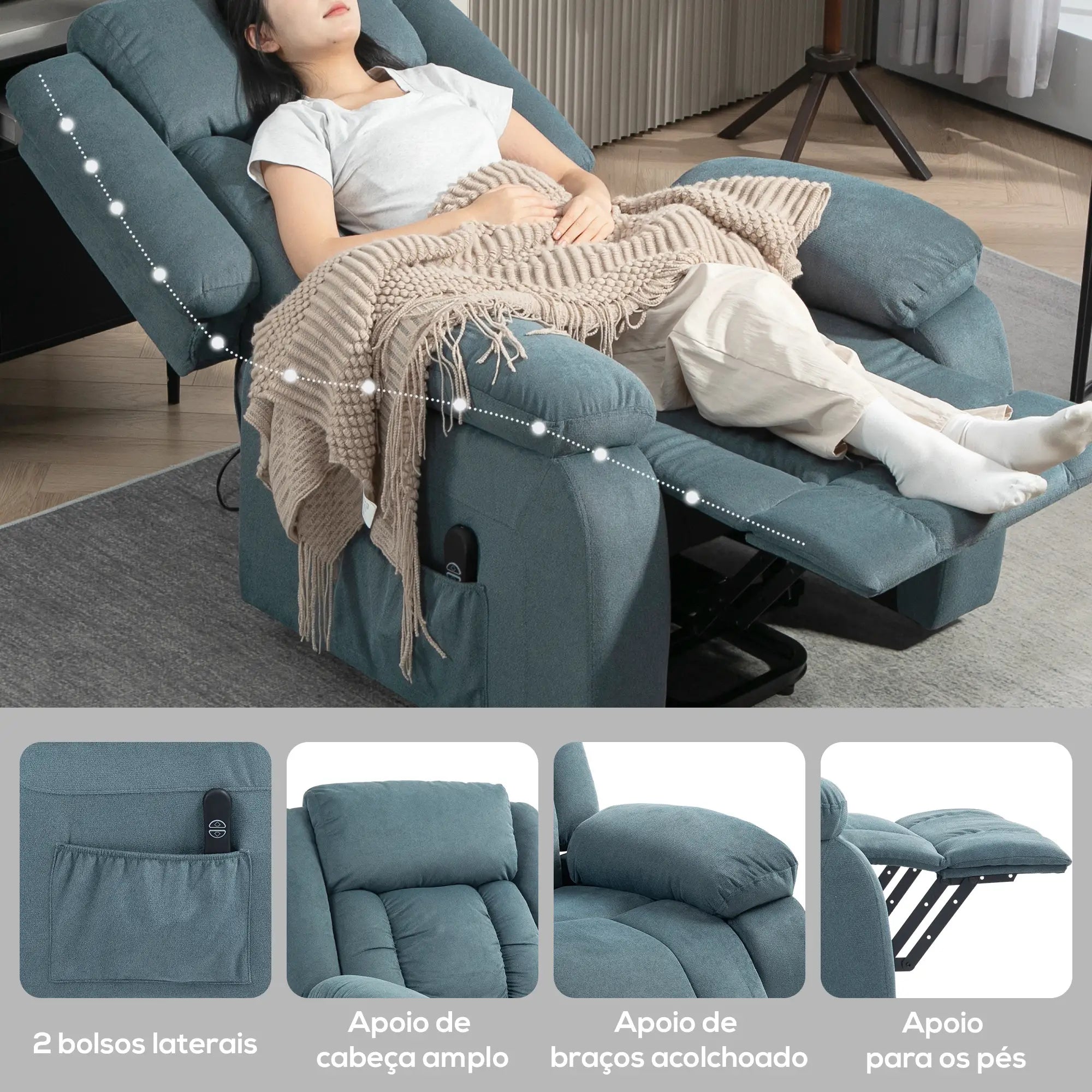 Poltrona Relax Reclinável Elétrica Poltrona Levanta Pessoas com Controlo Remoto Apoio para os Pés e Bolsos Laterais 92x94x105 cm Azul