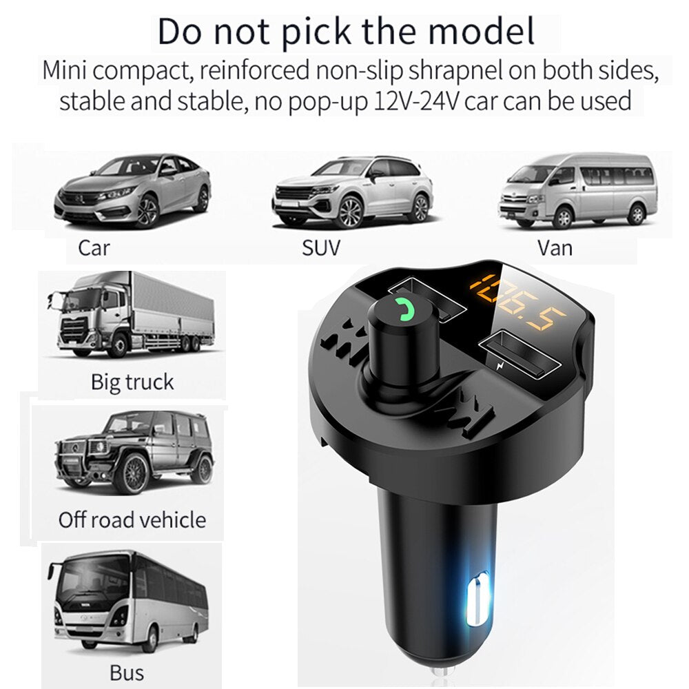 Transmissor Fm para automóvel Bluetooth 5.0 Adaptador de modulador de leitor Mp3 para automóvel Tensão da bateria Cartão TF Mãos-livres Chip inteligen
