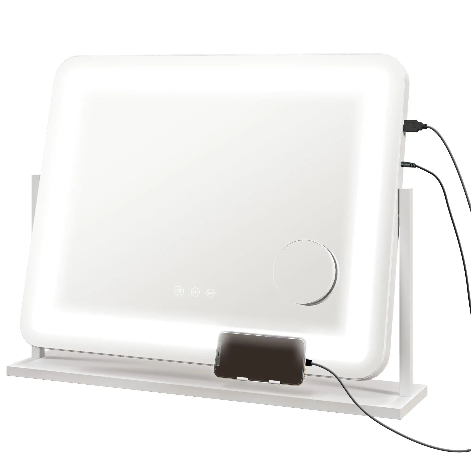 Makeup-speil med LED-lys og telefonholder hvit