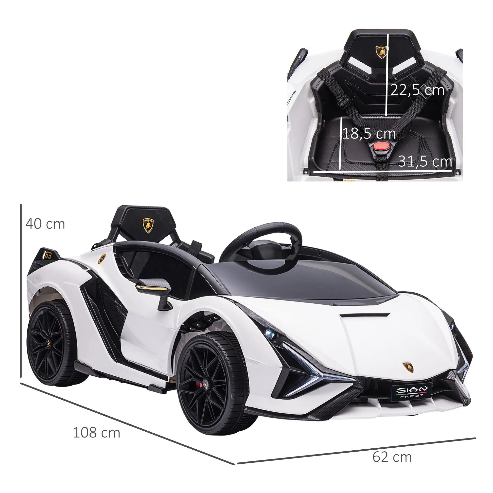 Carro Elétrico Lamborghini SIAN 12V com Controle Remoto Abertura da Porta Música MP3 USB e Faróis 108x62x40 cm Branco