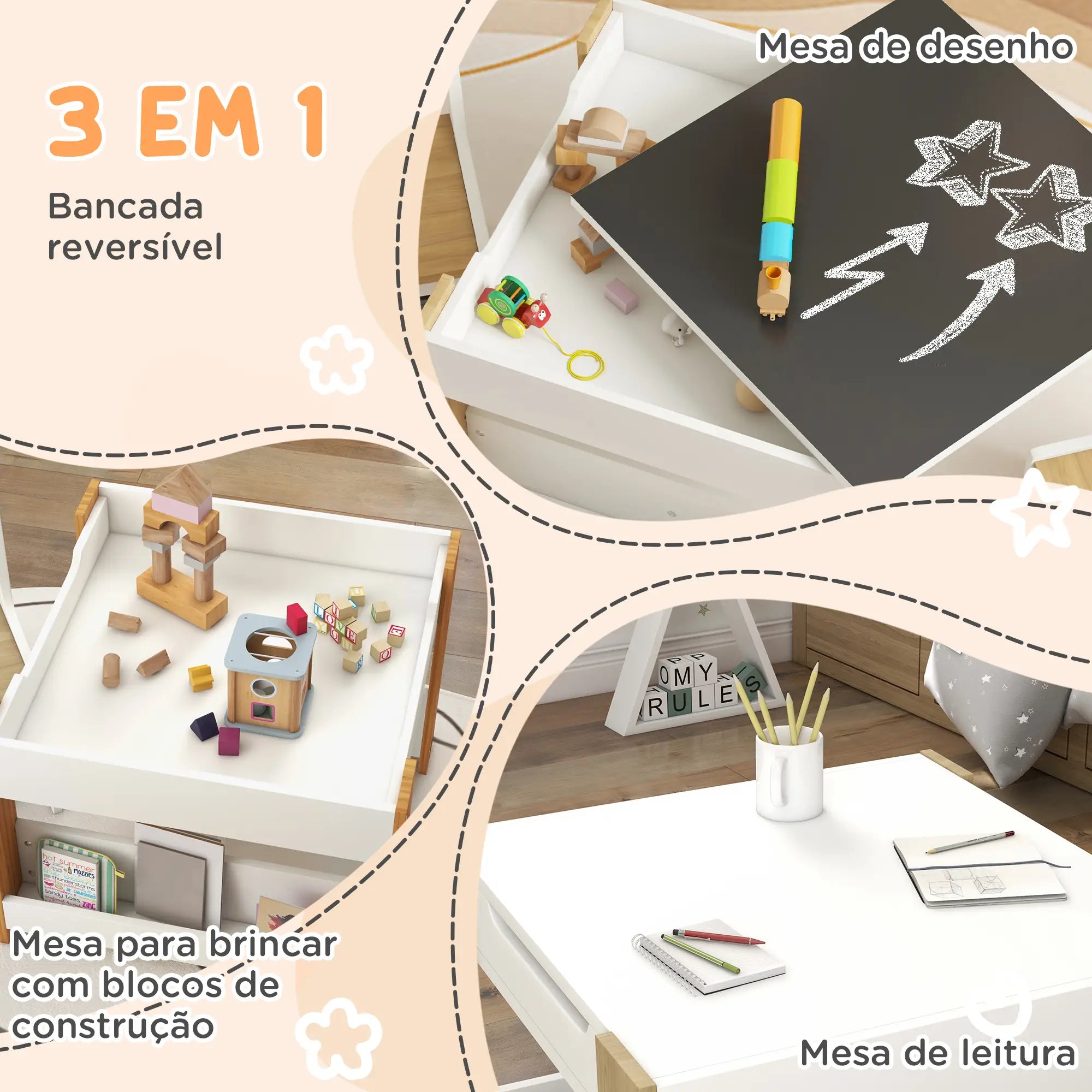 Conjunto de Mesa e 2 Cadeiras Infantis 2 em 1 com Ardósia Gavetas de Tecido e Espaço de Armazenamento para Quarto Cinza