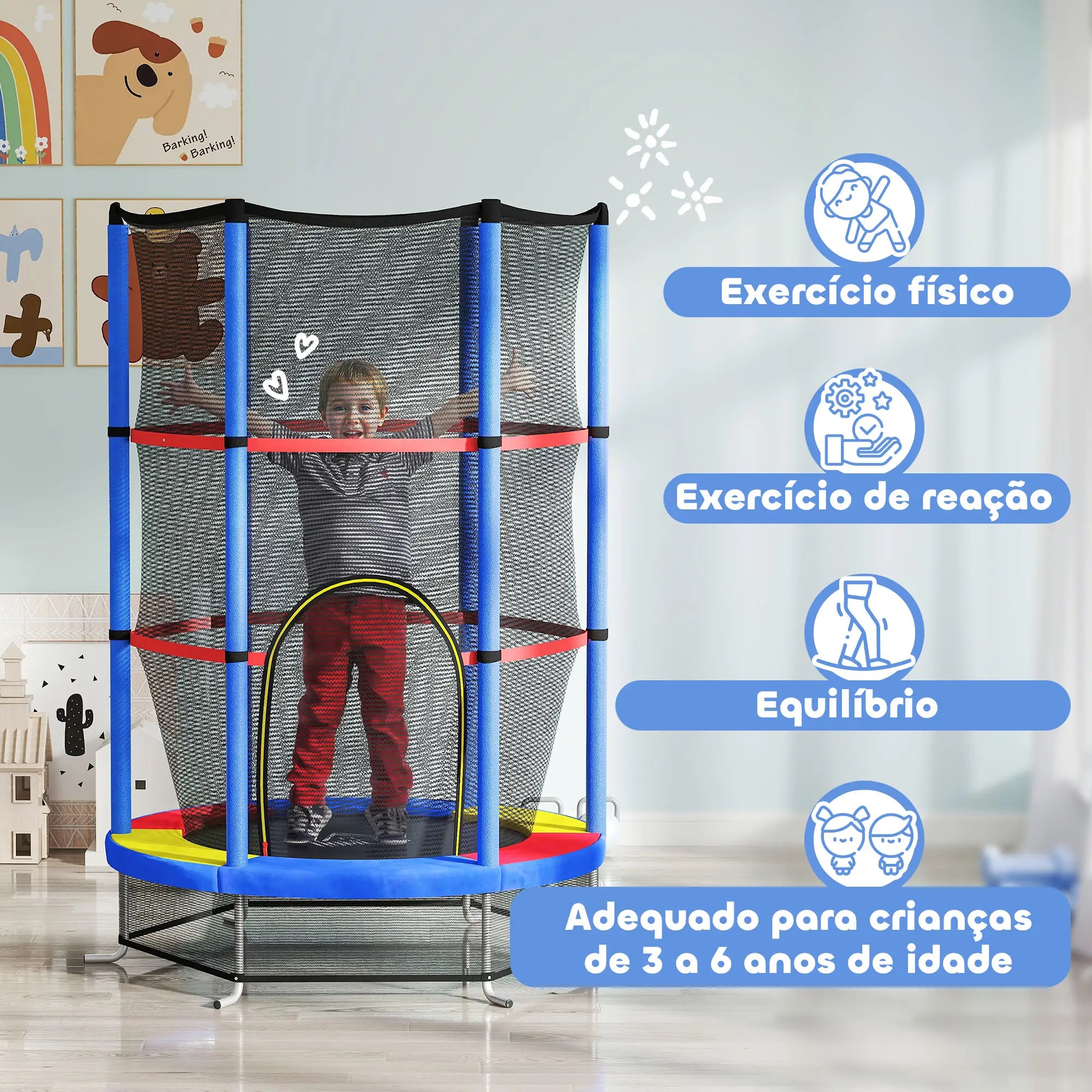 Trampolim Infantil Azul com Rede de Segurança para Crianças 3 a 6 Anos