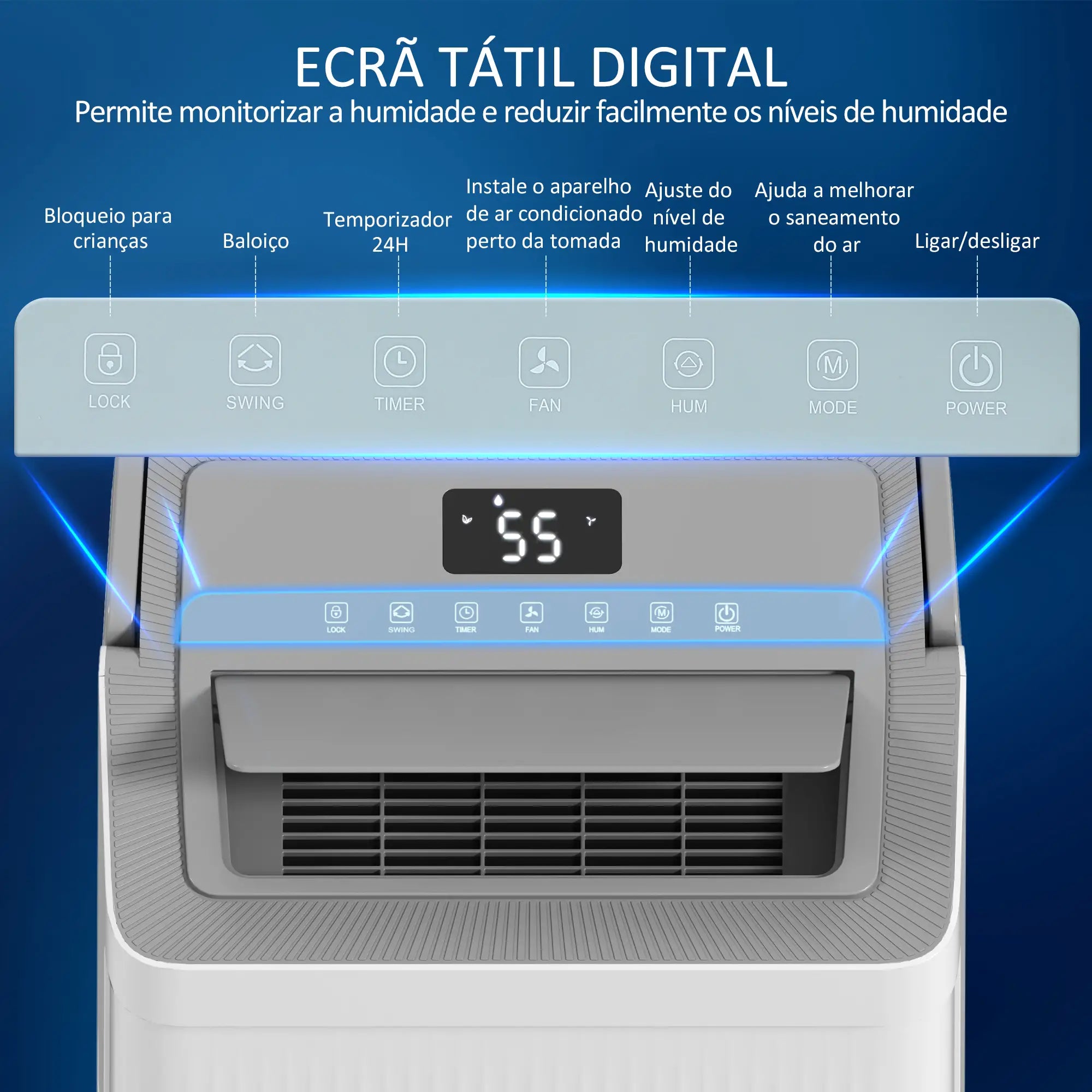 Desumidificador 35L/dia Depósito 5,5L com Ecrã LED Temporizador 24H Bloqueio Infantil até 40-100㎡ 35,5x28x52,2 cm Branco