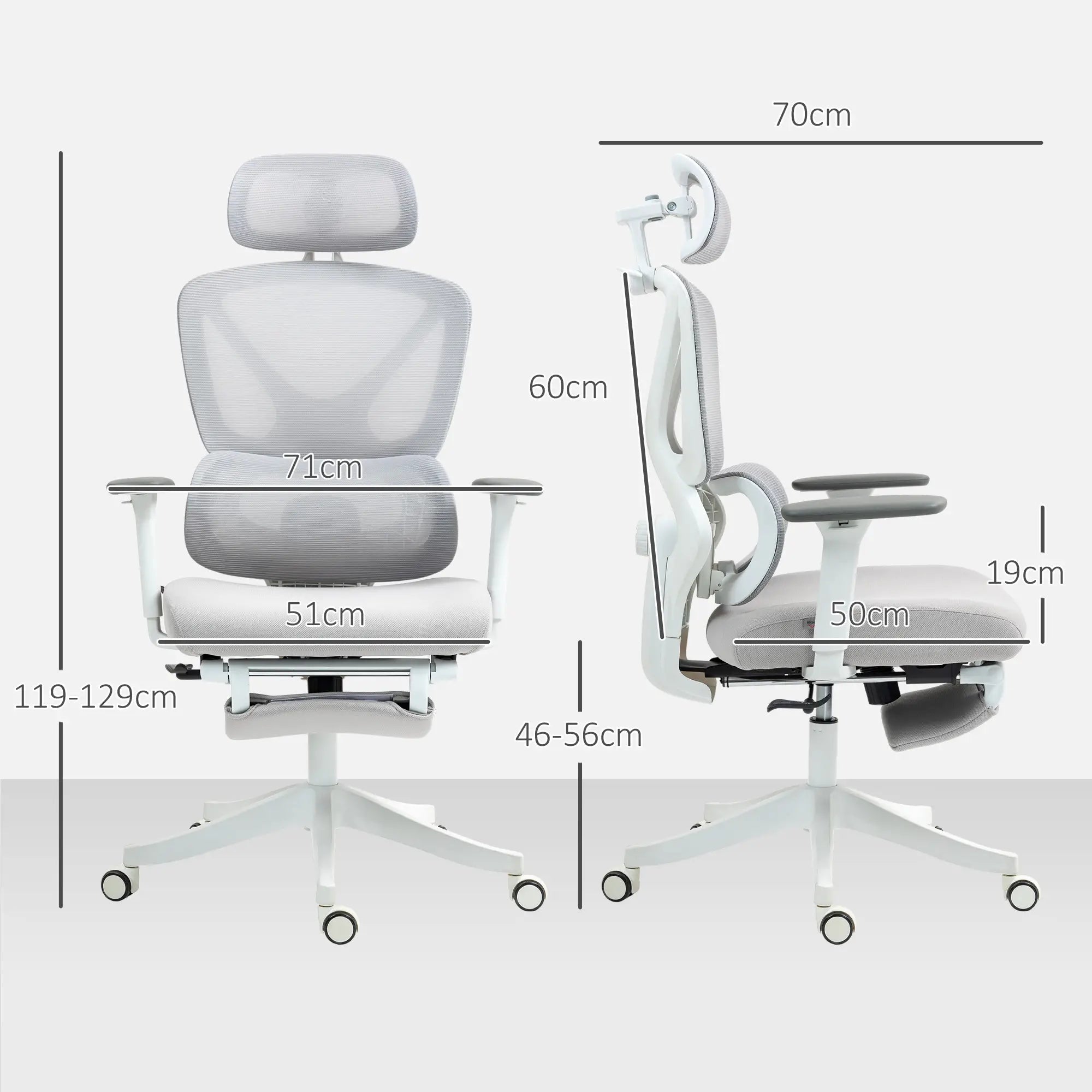 Cadeira de Escritório de Malha Reclinável com Apoio para a Cabeça Ajustável e Altura Regulável 71x70x109-119 cm Cinza