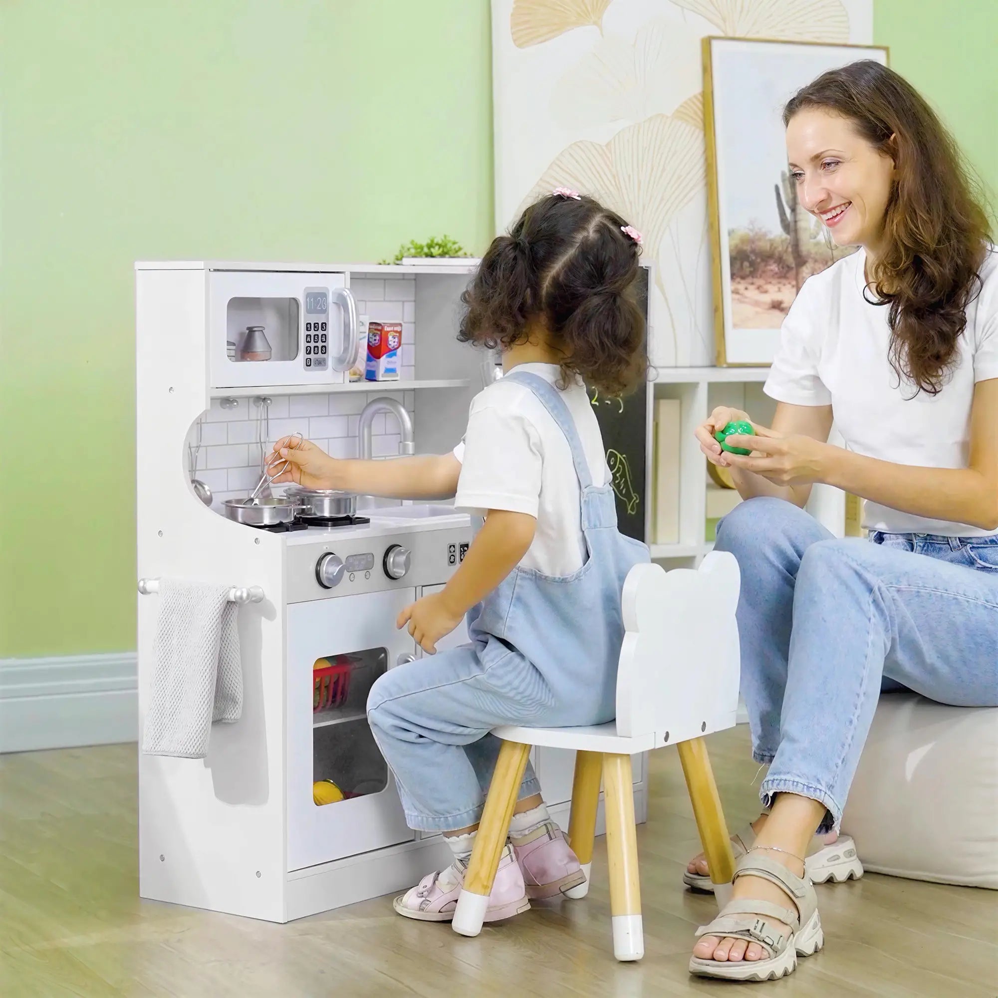 Cozinha de Brincar para Crianças acima de 3 anos Cozinha Infantil de Madeira com Acessórios Máquina de Gelo Ardósia e Telefone 83,8x26,8x81 cm Rosa