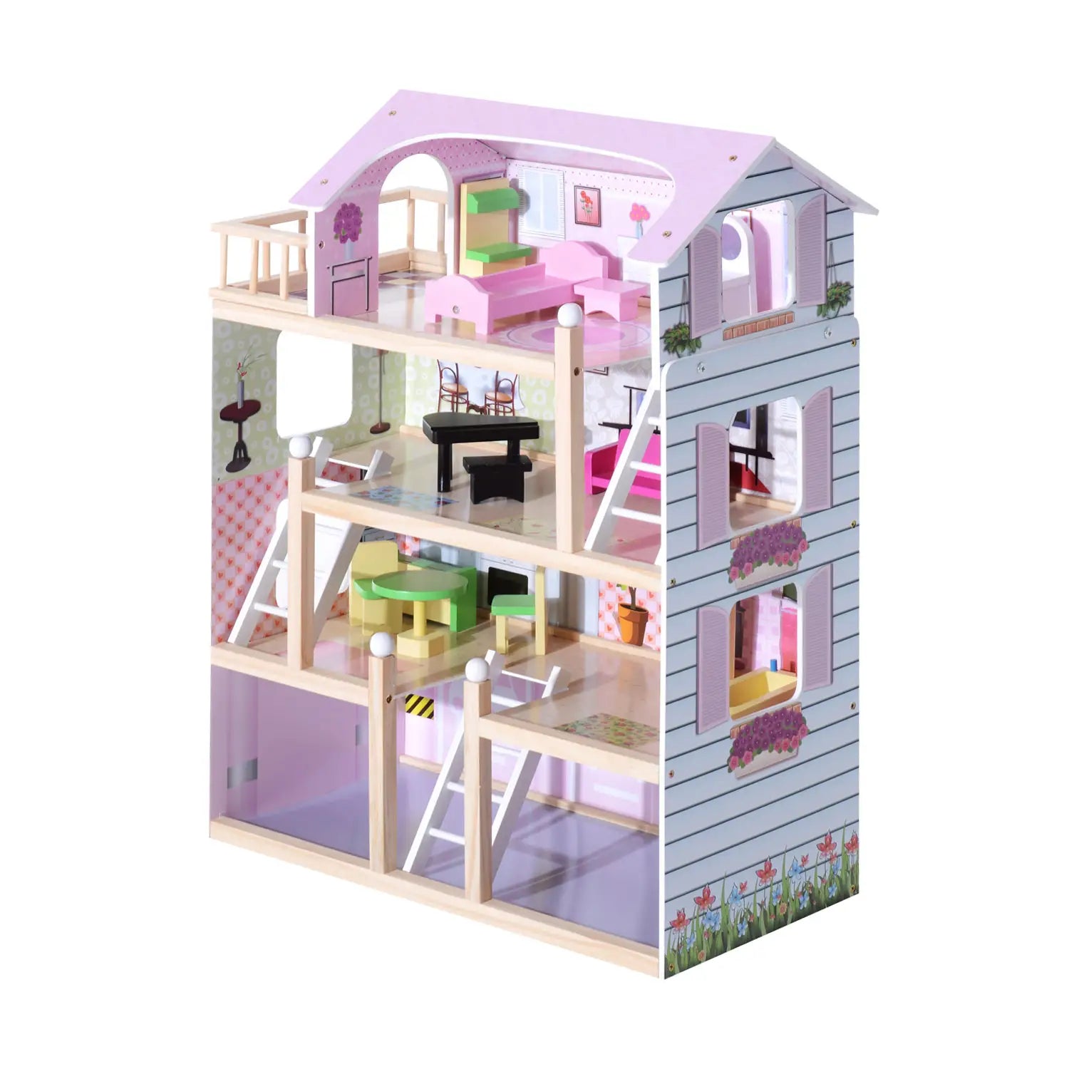 Casa de Bonecas com Móveis 4 Andares e 13 Acessórios Rosa