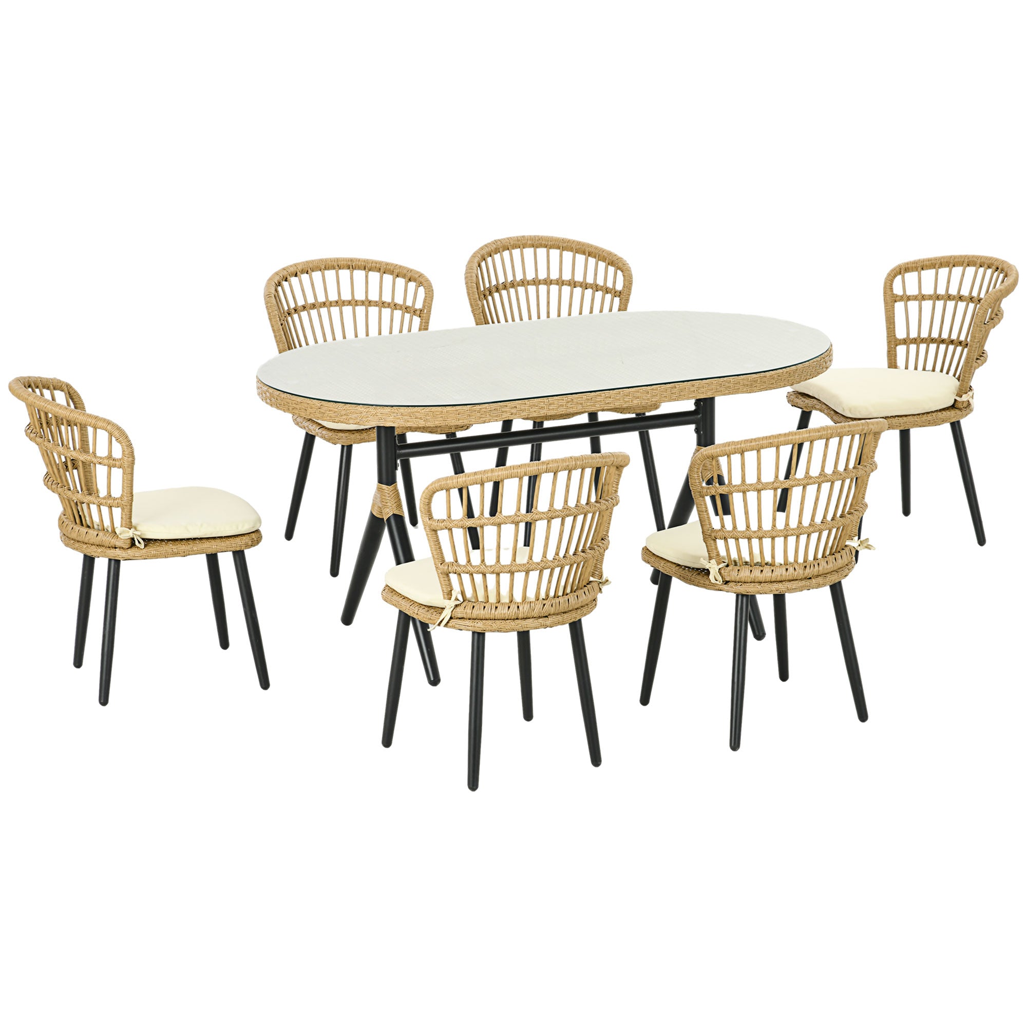 Conjunto de Refeição de Vime Sintético de 7 Peças Inclui 6 Cadeiras com Almofadas e Mesa de Vidro Temperado Natural