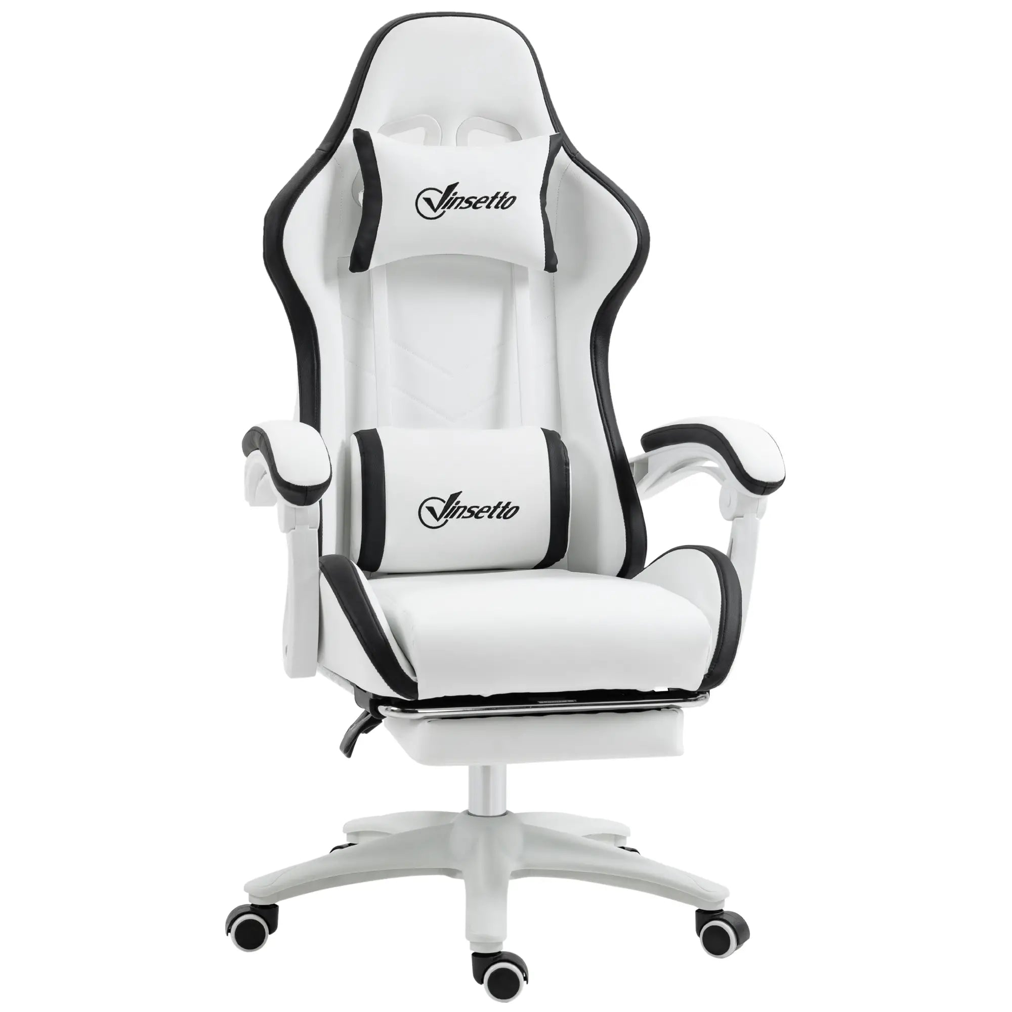 Cadeira Gaming de Couro PU com Altura Ajustável Reclinável 135° e Apoio para os Pés Retrátil 65x65x121-129 cm Branco e Preto