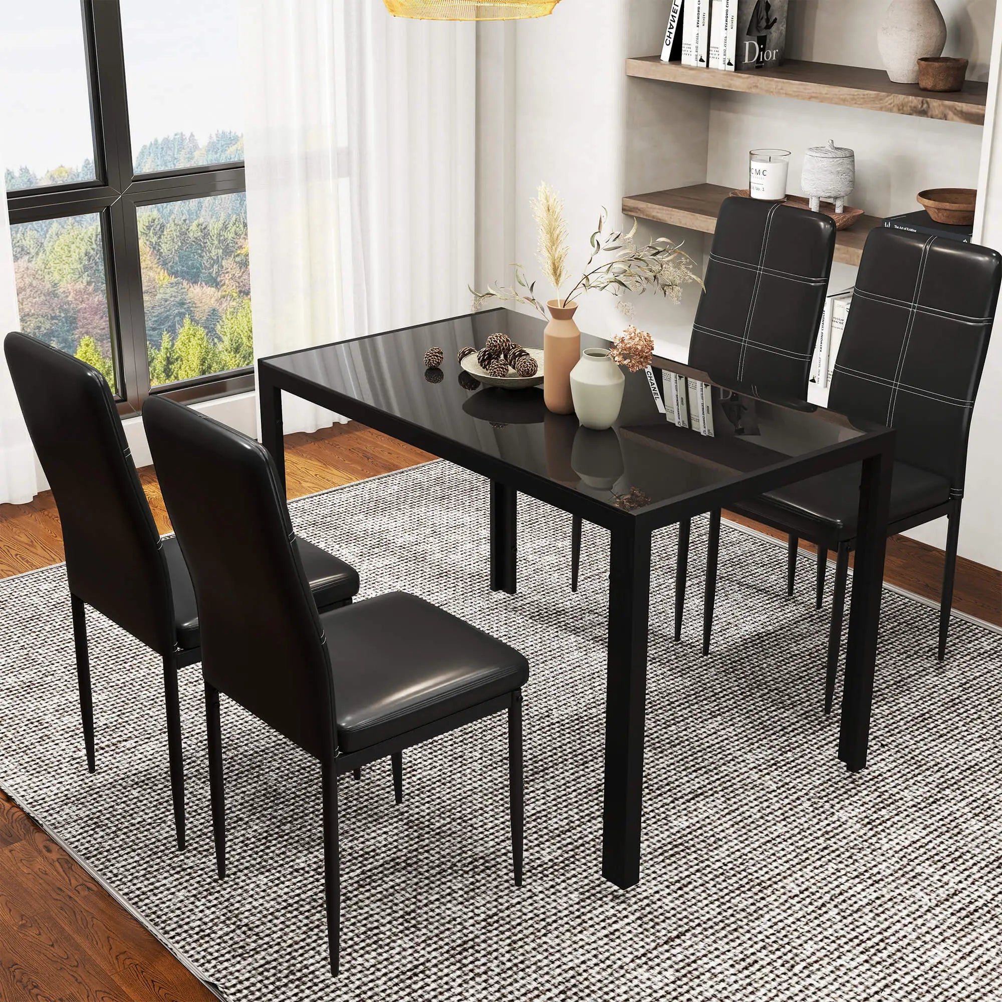 Conjunto de Refeição com Mesa Retangular de Vidro Temperado e 4 Cadeiras Estofadas em PU com Pés de Metal Preto