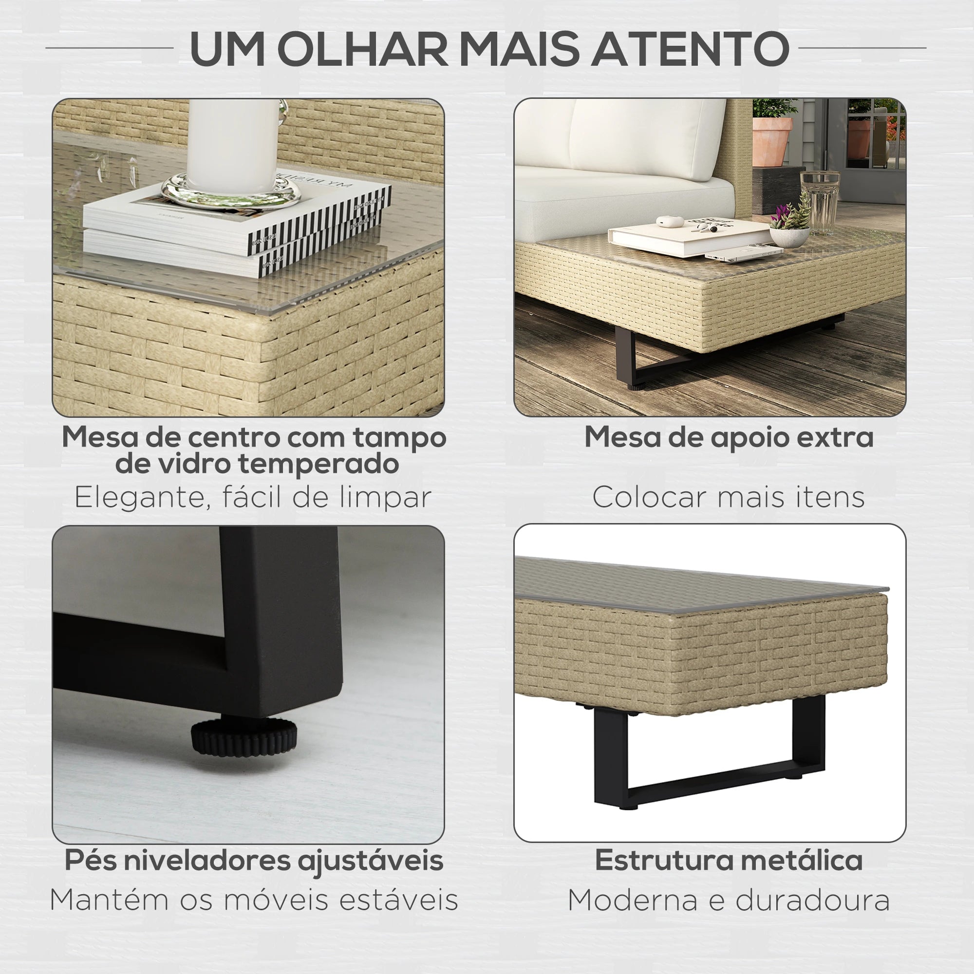 Conjunto de Móveis de Vime 3 Peças Mesa de Centro Sofá Duplo e Sofá de 3 Lugares para Terraço Jardim Pátio Bege