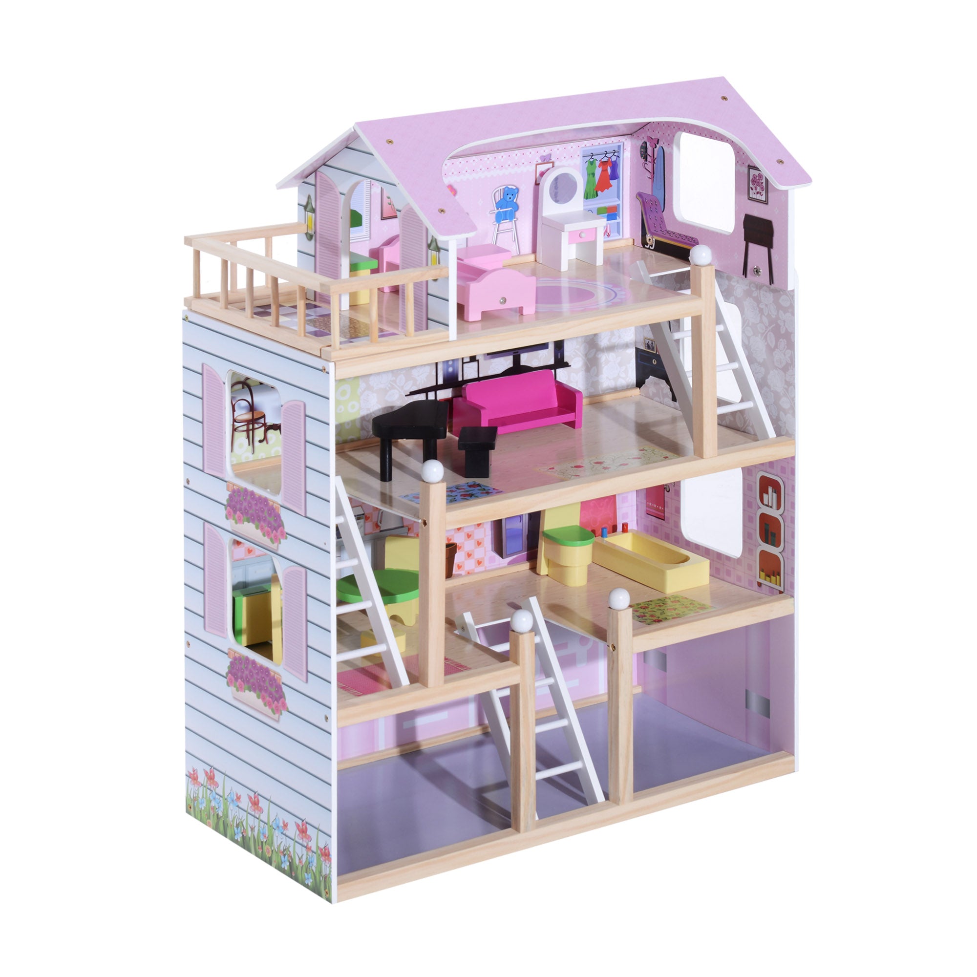 Casa de Bonecas com Móveis 4 Andares e 13 Acessórios Rosa